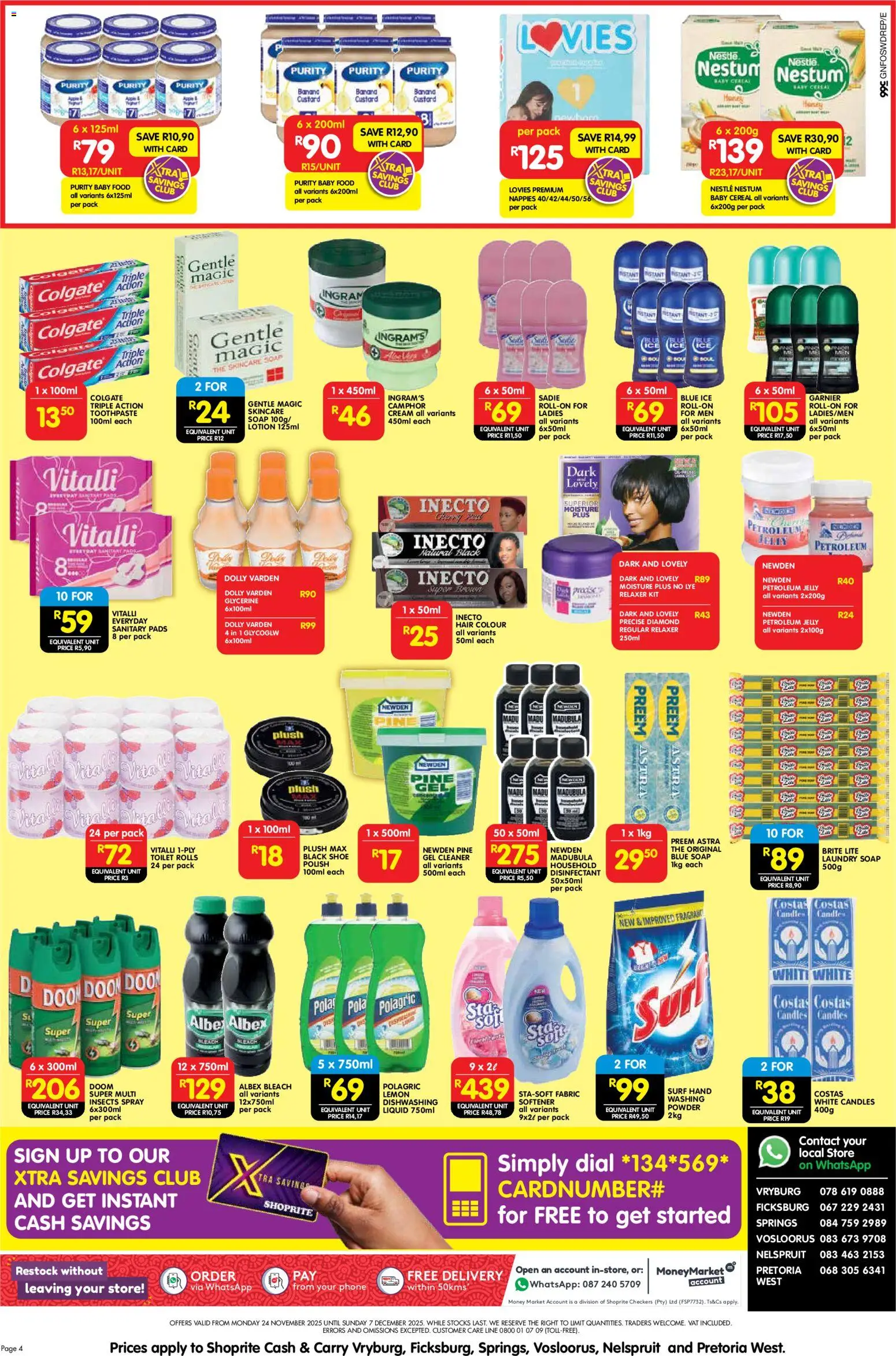 New Shoprite catalogue – valid from 24.11.2025 | Page: 4 | Products: Custard, Pads, Cream, Lotion