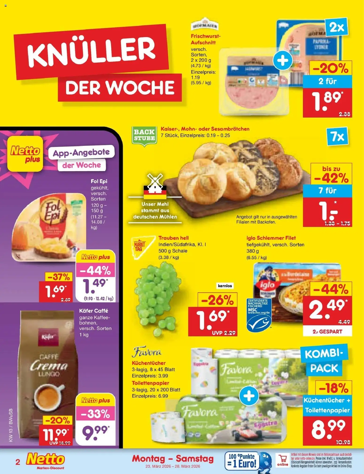 Netto Marken-Discount Prospekt Stemwede-Dielingen	 – gültig ab 23.03.2026 | Seite: 2 | Produkte: Trauben, Kaffee, Iglo, Toilettenpapier