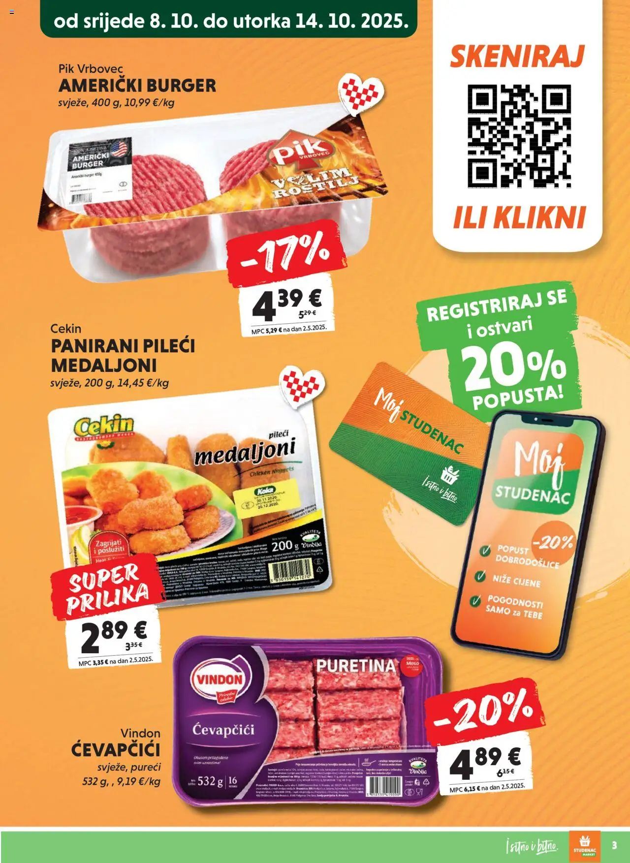 Studenac katalog | vrijedi od 08.10.2025 | Stranica: 3 | Proizvodi: Puretina, Meso, Pik Vrbovec, Ćevapčići