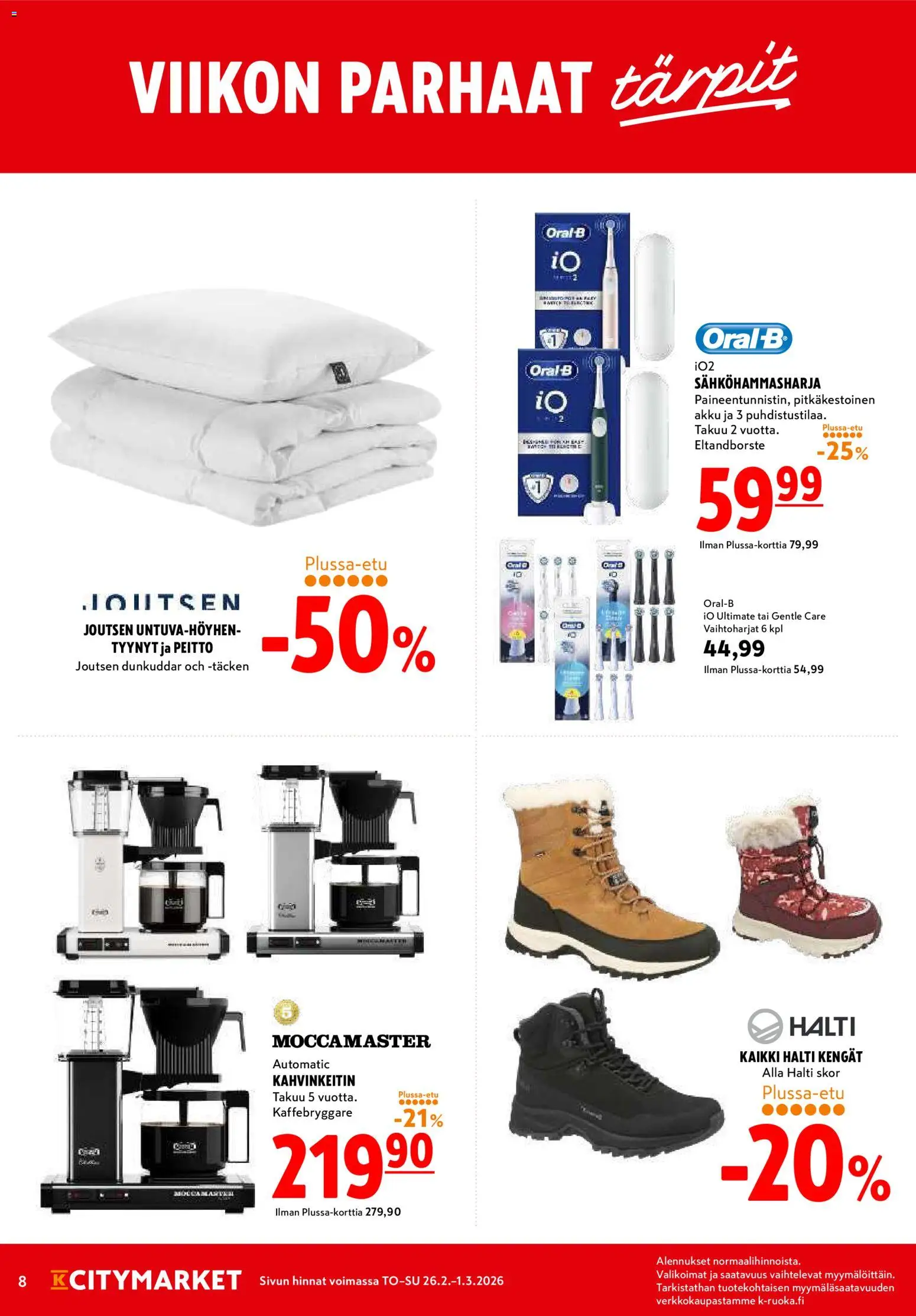 K-Citymarket tarjoukset – voimassa 26.02.2026 alkaen | Sivu: 8 | Tuotteet: Tyynyt, Kahvinkeitin, Akku, Peitto