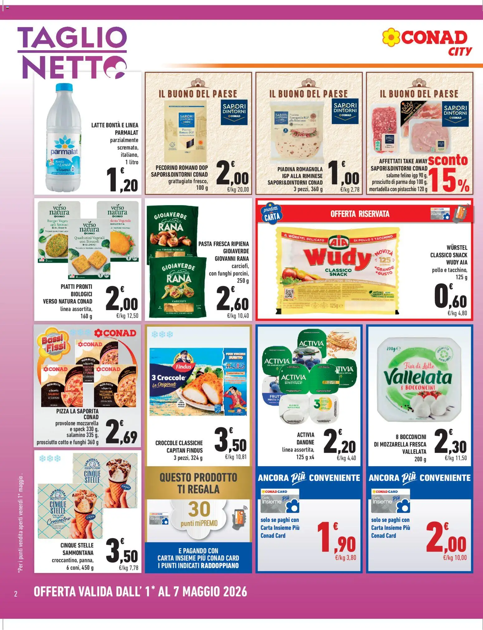 Volantino Conad del 01.05.2026 | Pagina: 2 | Prodotti: Tacchino, Mozzarella, Prosciutto, Pecorino