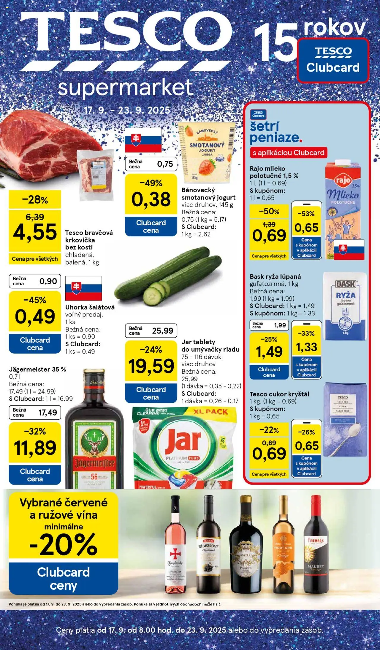Nové Tesco akcie – leták je platný od 17.09.2025 | Strana: 1 | Produkty: Jägermeister, Ryža, Tablety do umývačky riadu, Jar