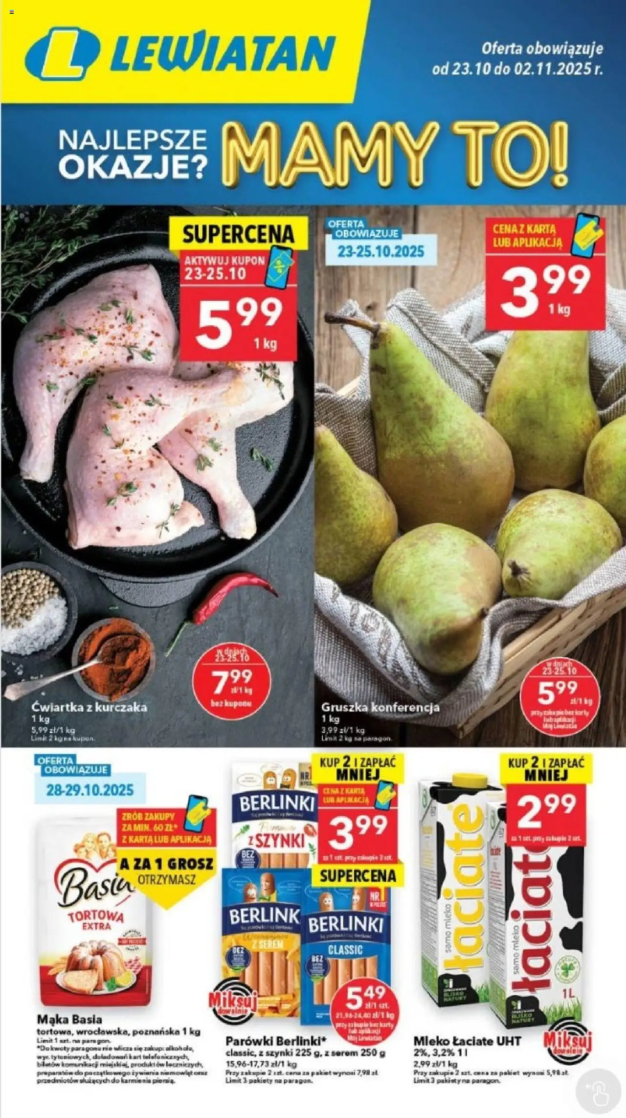 Lewiatan gazetka - Szczecin od 23.10.2025 | Strona: 1 | Produkty: Karta, Mąka basia, Parówki, Mleko