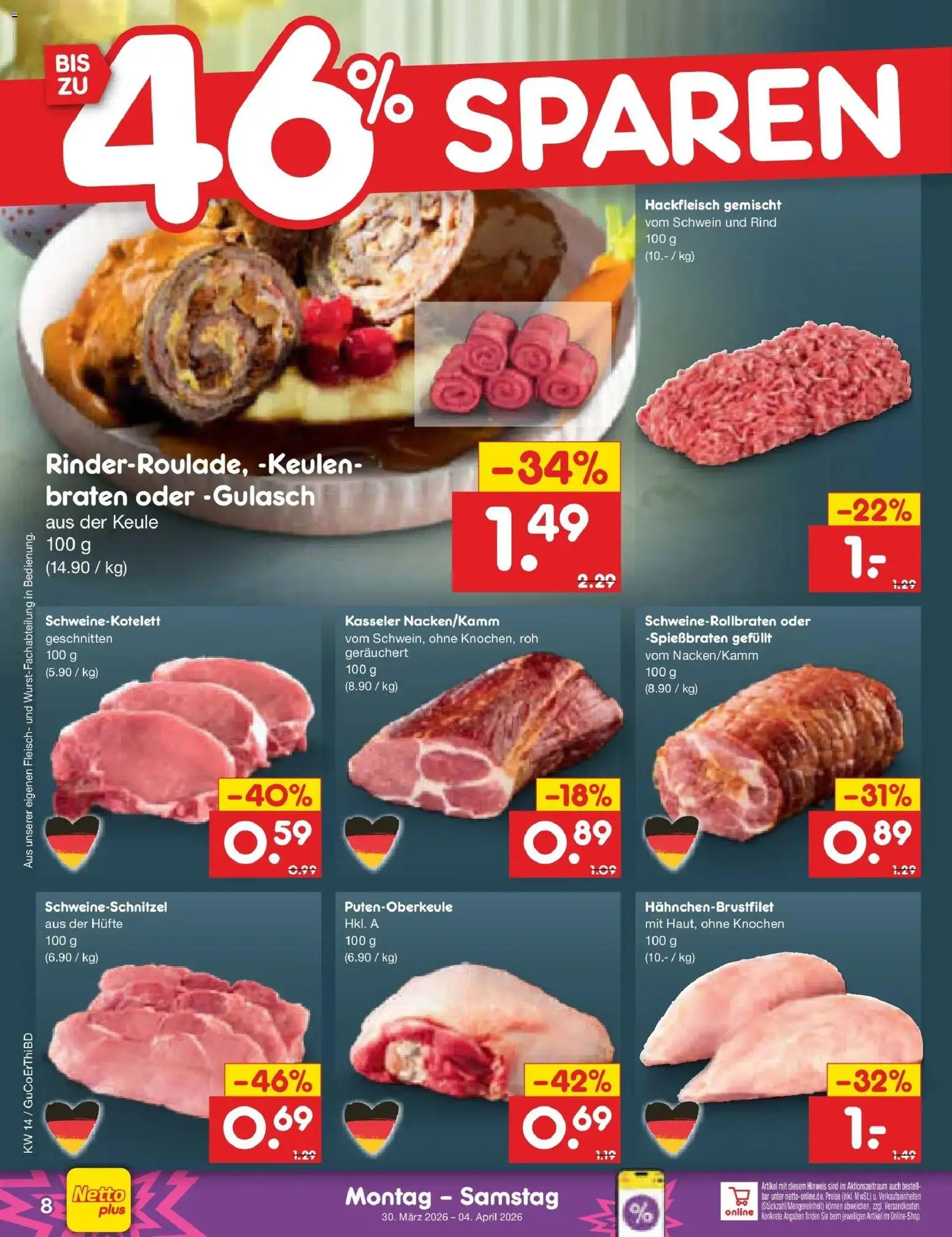 Netto Marken-Discount Prospekt Jena-Lobeda	 – gültig ab 30.03.2026 | Seite: 8 | Produkte: Gulasch, Fleisch, Hackfleisch