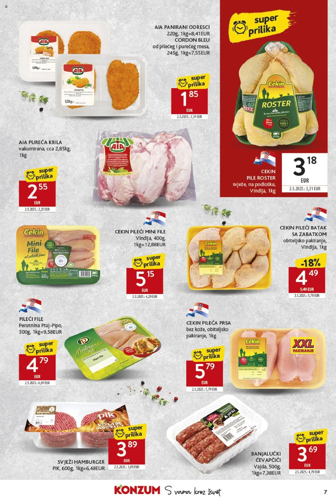 Konzum katalog | vrijedi od 25.06.2025 | Stranica: 7 | Proizvodi: Pileći file, Hamburger, Ćevapčići, Pileća prsa