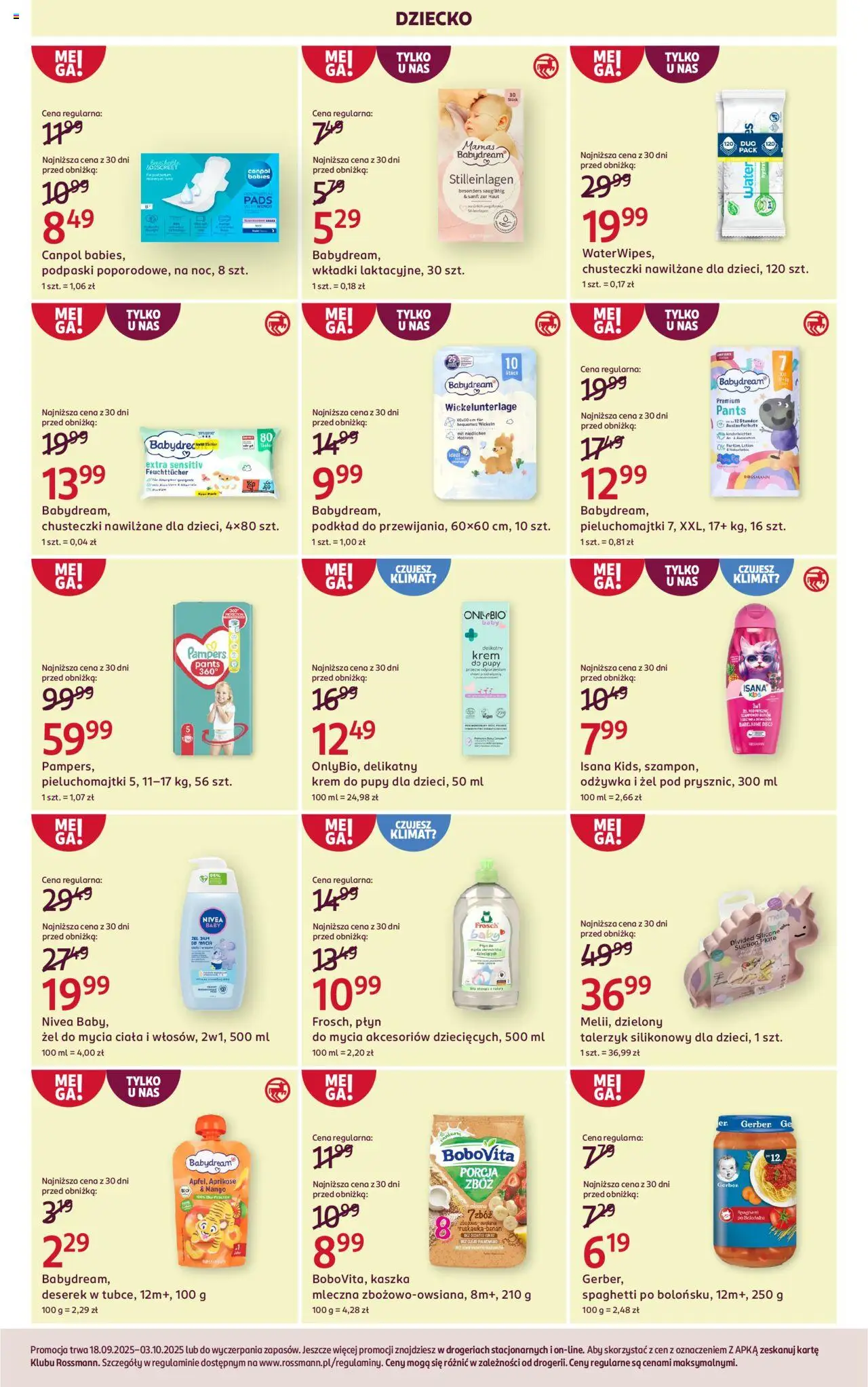 Rossmann Gazetka od 18.09.2025 | Strona: 12 | Produkty: Pieluchomajtki, Podpaski, Odżywka, Krem