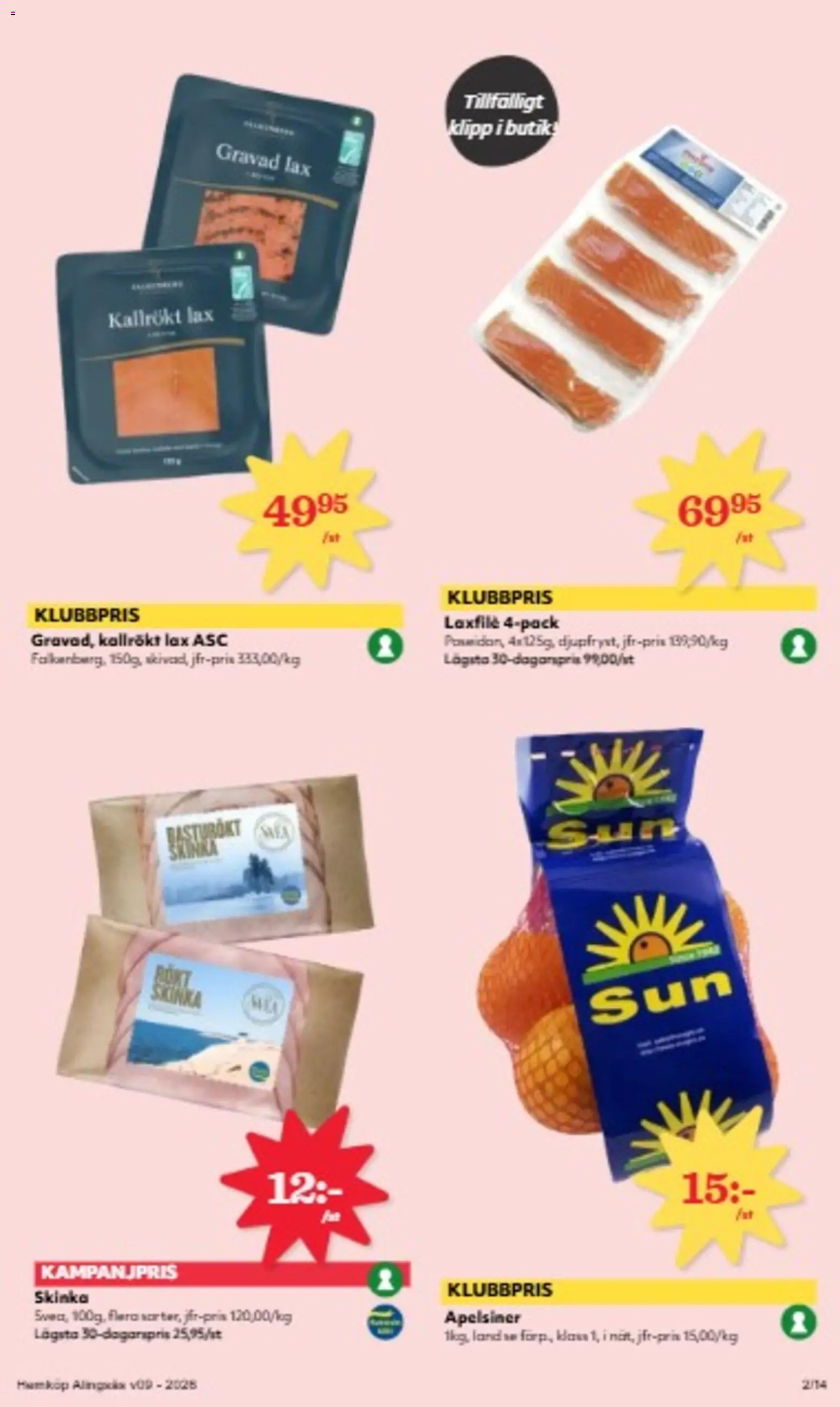 Hemköp reklamblad aktuell från 23.02.2026 | Sida: 2 | Produkter: Lax, Skinka, Apelsiner