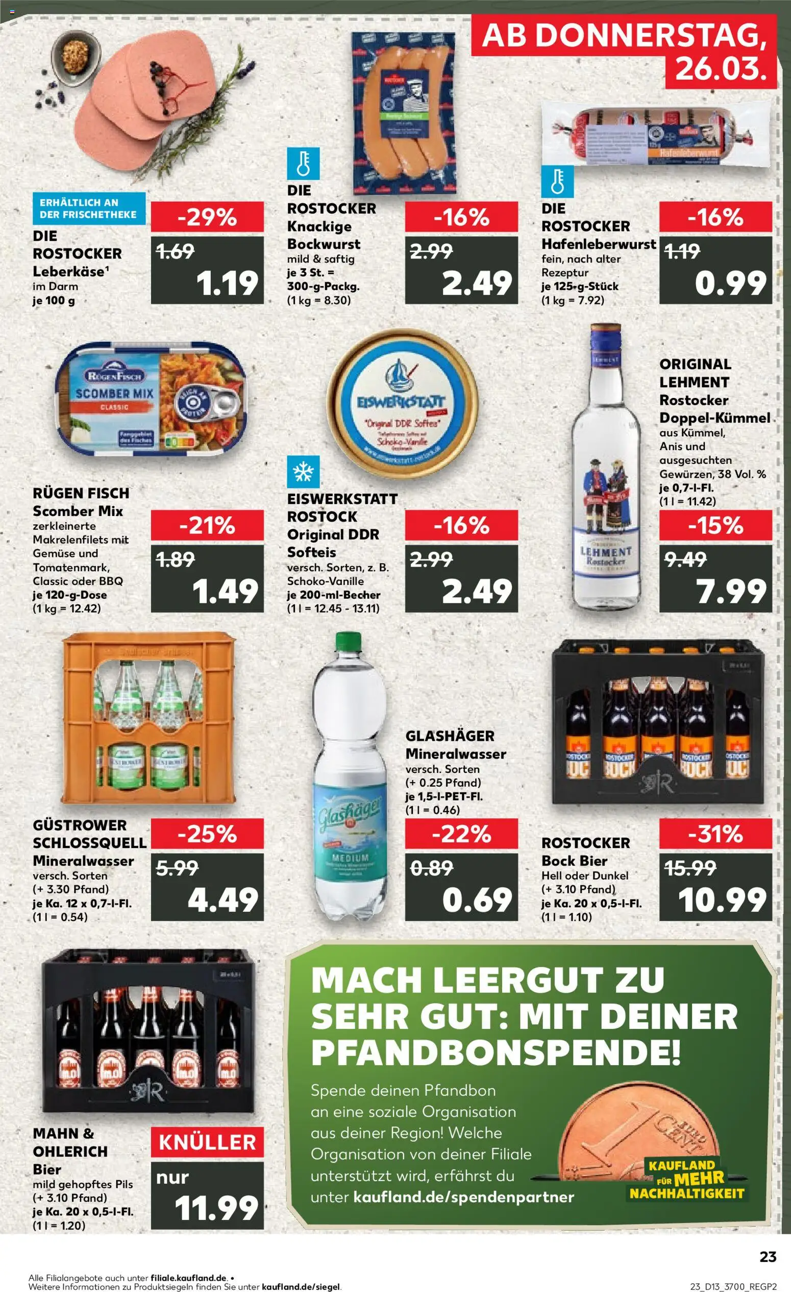 Kaufland Prospekt Rostock	 – gültig ab 26.03.2026 | Seite: 23 | Produkte: Bockwurst, Bier, Pils, Mineralwasser