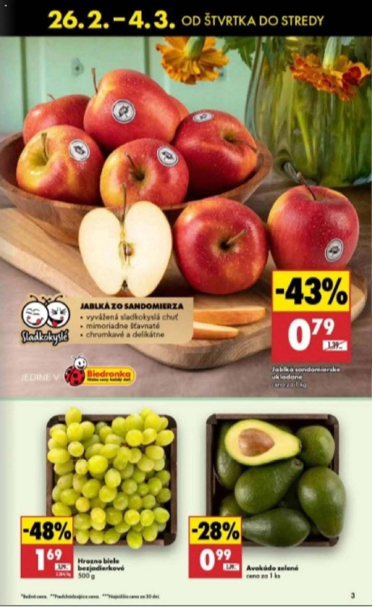 Nové Biedronka akcie – leták je platný od 26.02.2026 | Strana: 3 | Produkty: Jablká, Avokádo, Hrozno