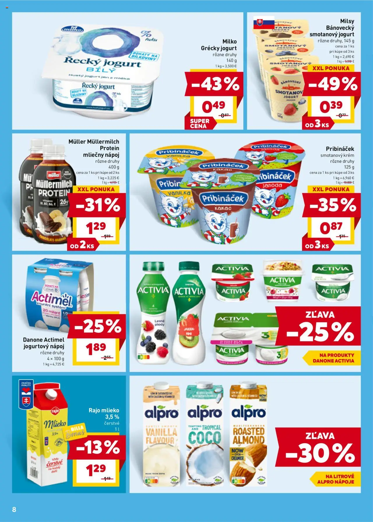 Billa leták │ platný od 06.08.2025 | Strana: 8 | Produkty: Mlieko, Grécky jogurt, Actimel, Kakao