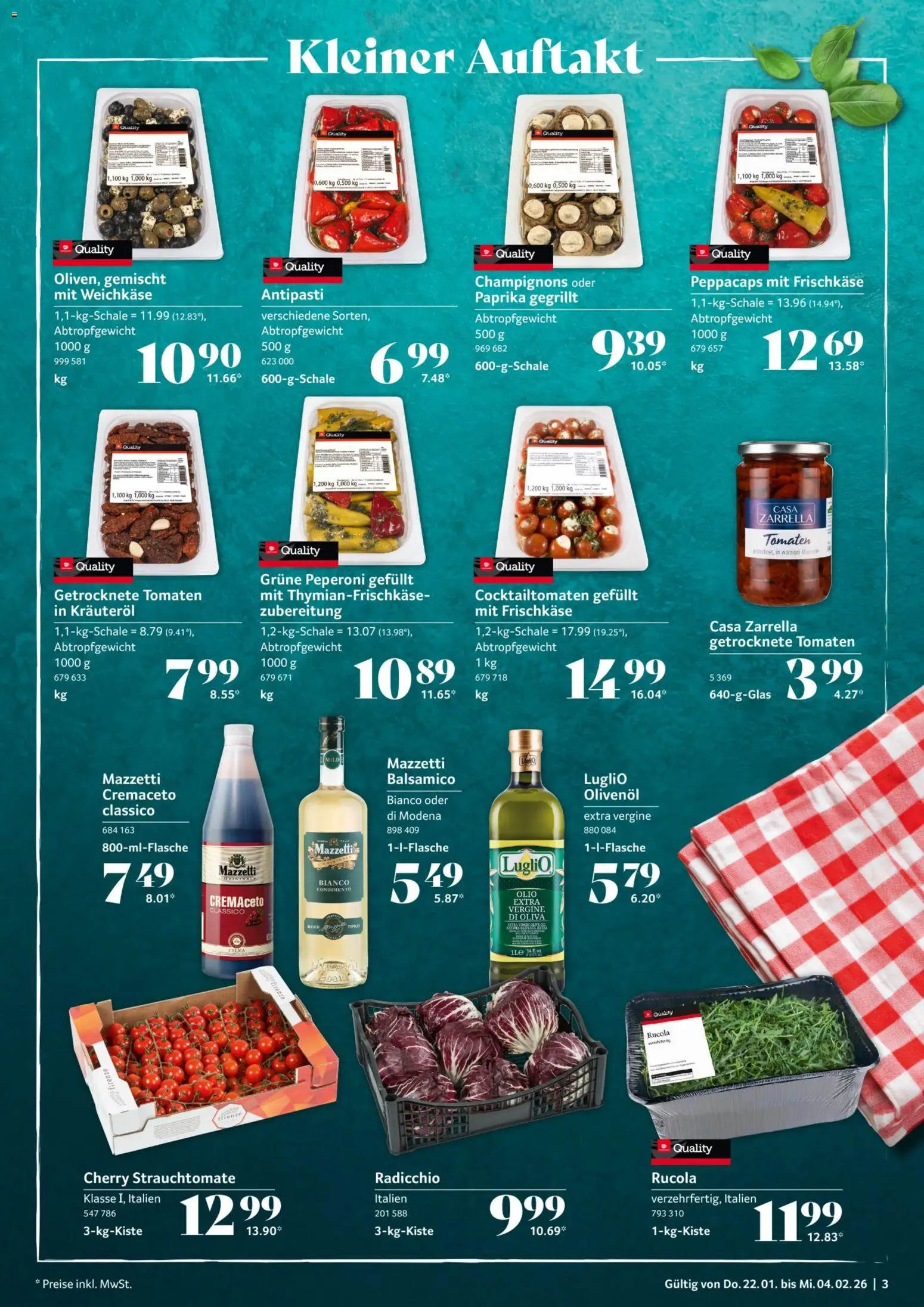 Selgros Gastronomie – gültig ab 22.01.2026 | Seite: 3 | Produkte: Balsamico, Rucola, Tomaten, Champignons