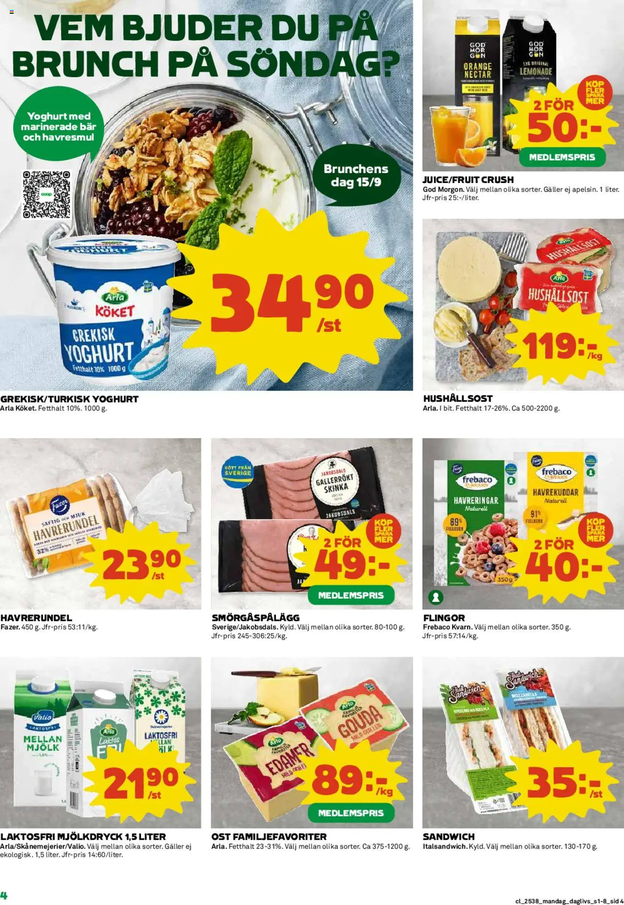 Coop Daglivs reklamblad aktuell från 15.09.2025 | Sida: 4 | Produkter: Galler, Mjölk, Yoghurt, Flingor
