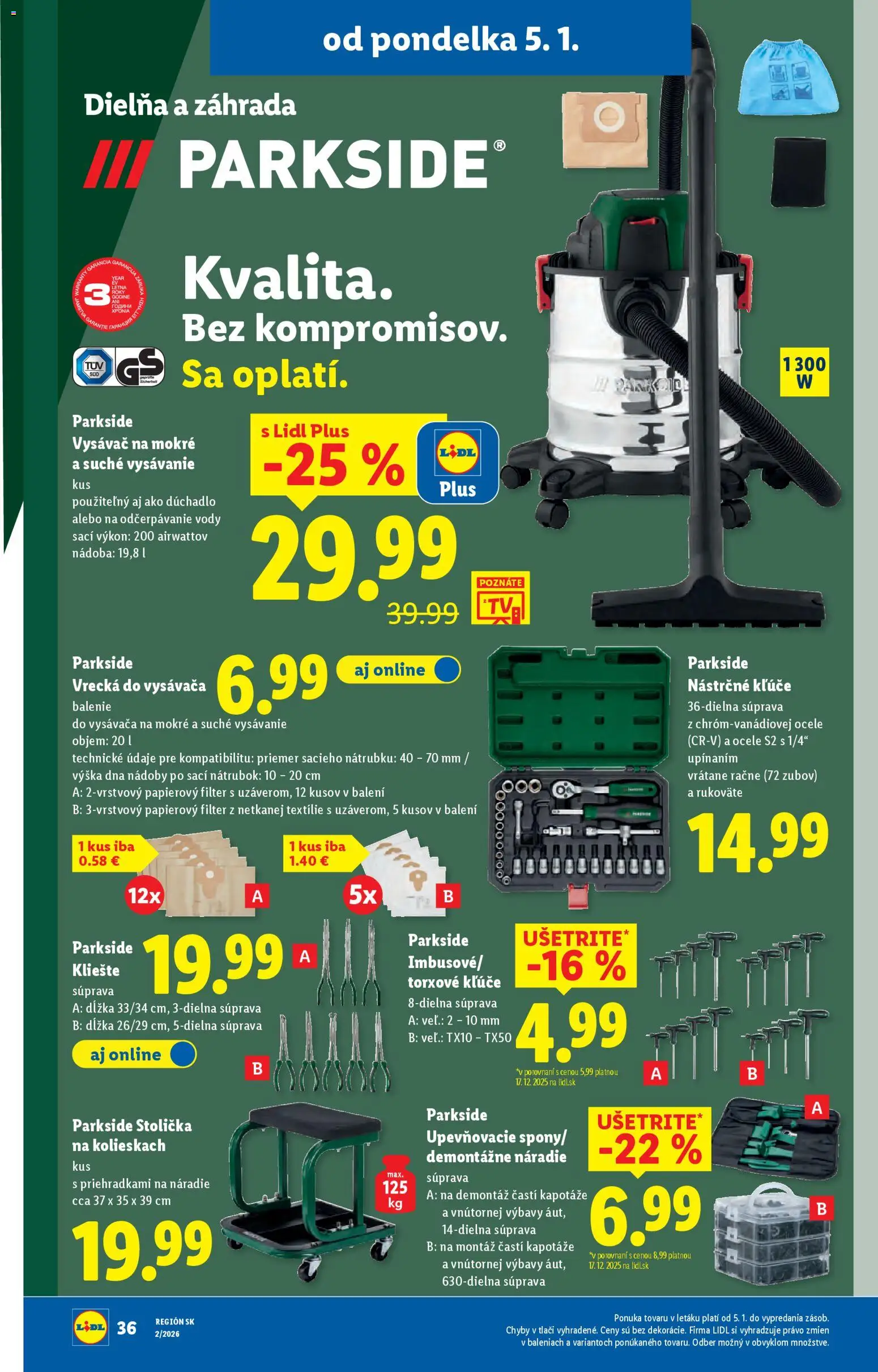 Nové Lidl akcie – leták je platný od 05.01.2026 | Strana: 42 | Produkty: Náradie, Parkside, Vysávač, Stolička