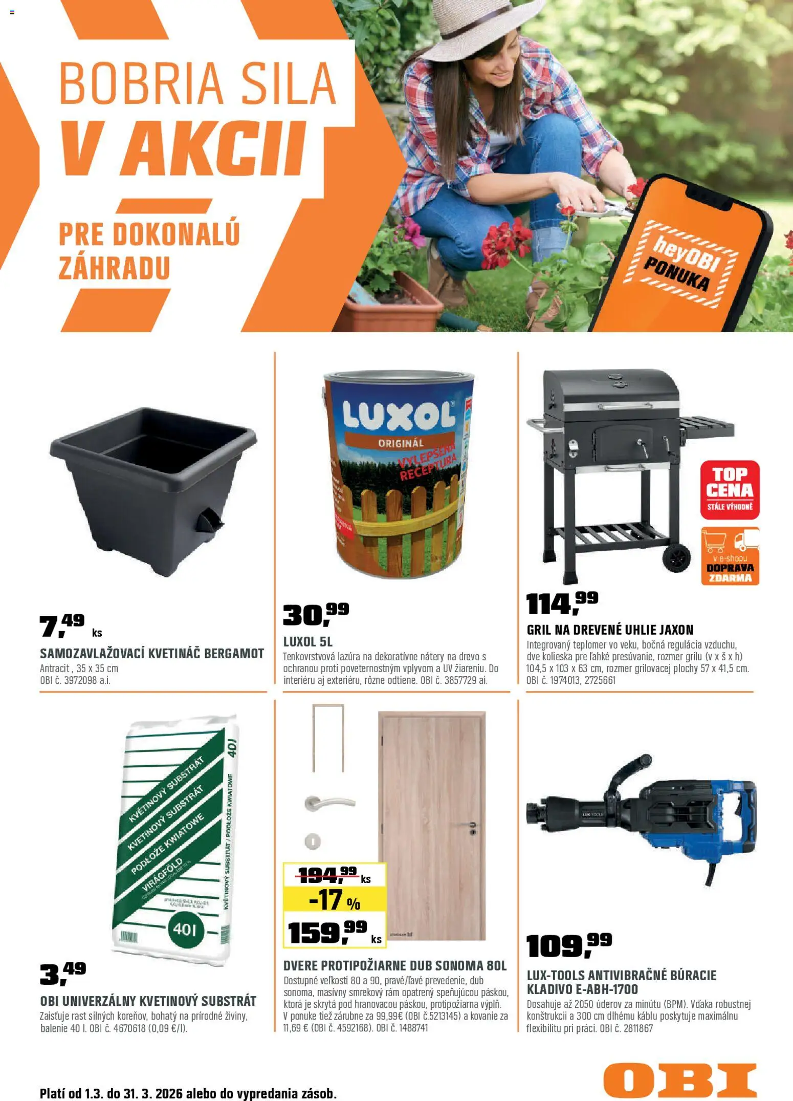 Nové OBI akcie – leták je platný od 01.03.2026 | Strana: 1 | Produkty: Kosačka, Svetlo, Dlažba, Aku
