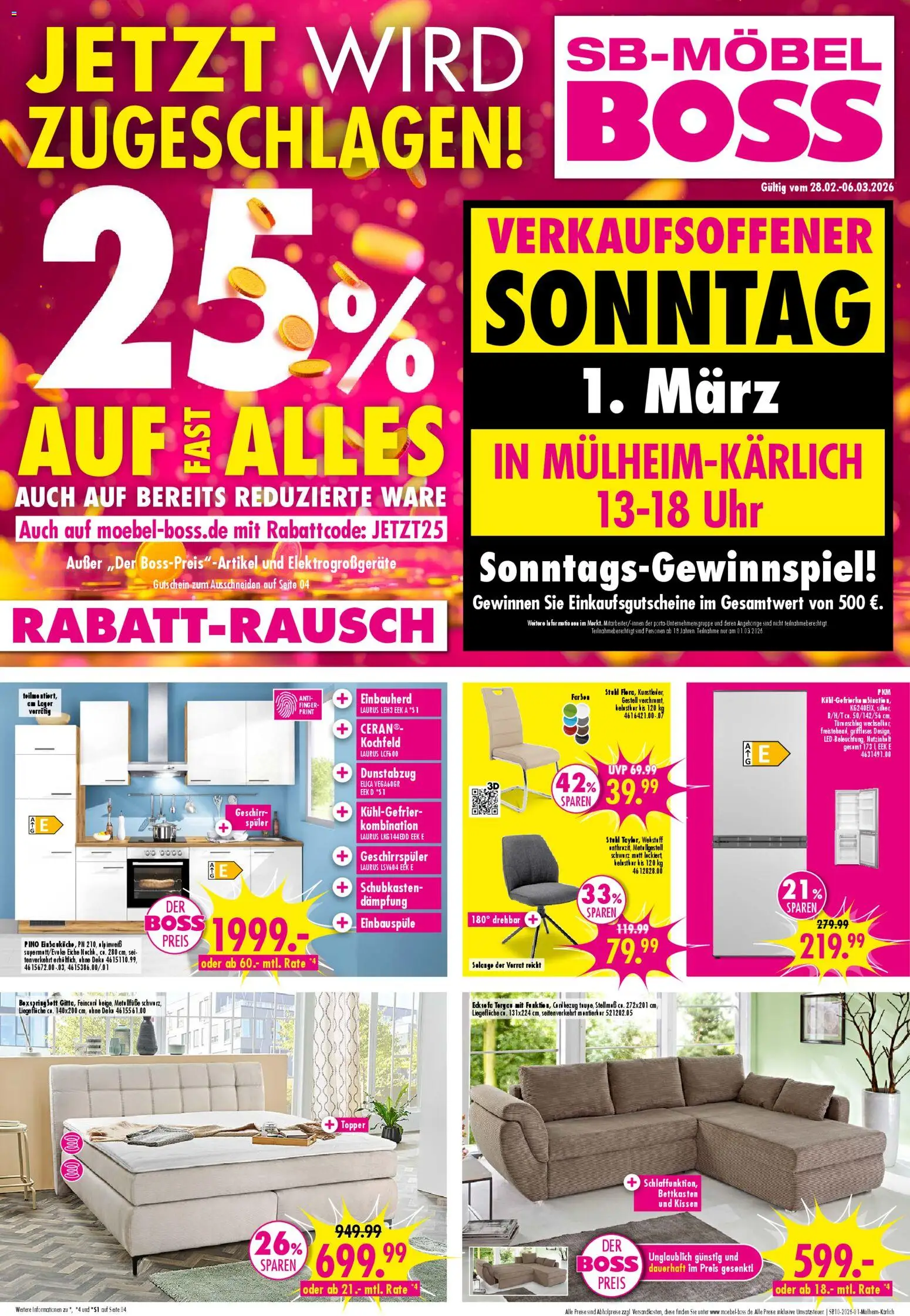SB Möbel Boss Prospekt Mülheim-Kärlich – gültig ab 28.02.2026 | Seite: 1 | Produkte: Topper, Kochfeld, Dunstabzug, Uhr