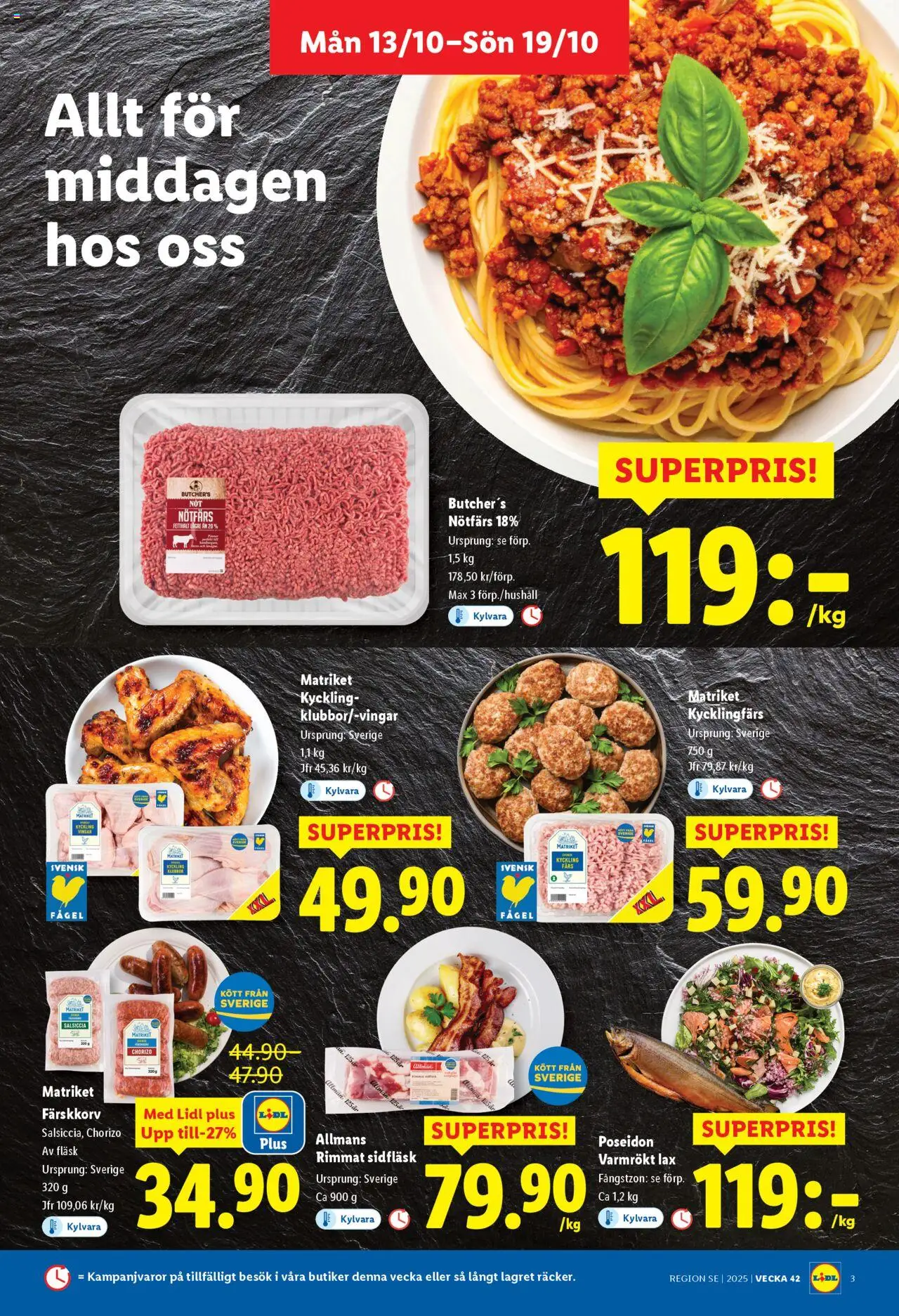 Lidl reklamblad aktuell från 13.10.2025 | Sida: 3 | Produkter: Nötfärs, Lax, Fläsk, Chorizo