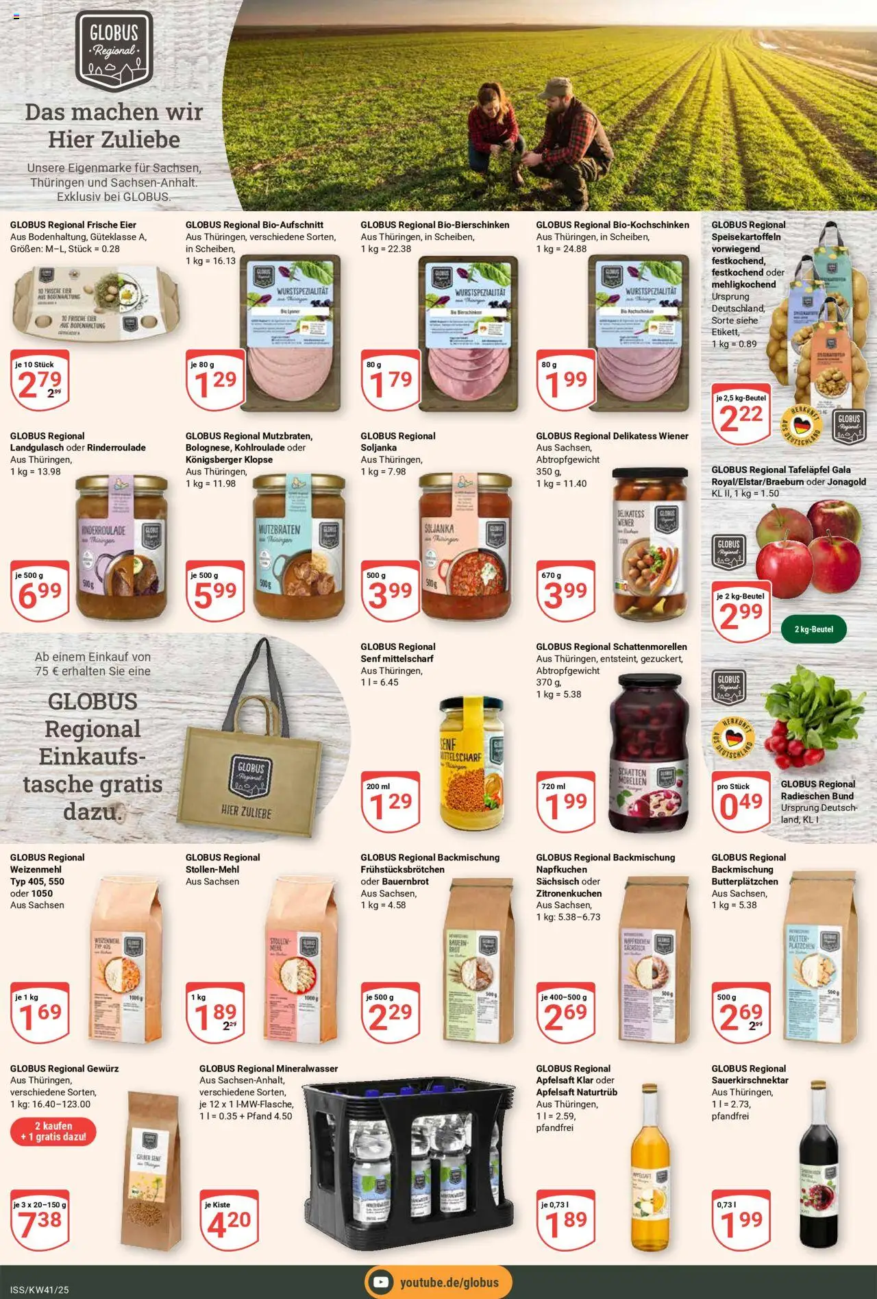 Globus Prospekt 	 – gültig ab 06.10.2025 | Seite: 13 | Produkte: Tasche, Eier, Apfelsaft, Mineralwasser
