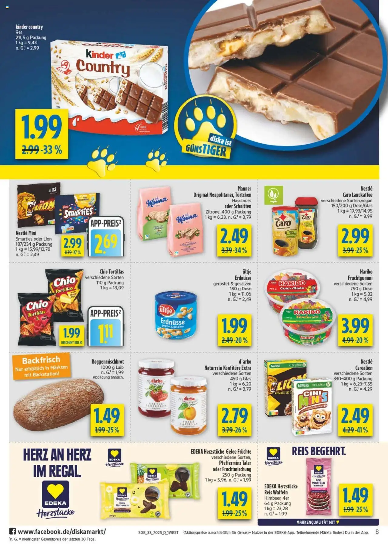 Diska - Bayern - gültig ab dem 11.08.2025 | Seite: 8 | Produkte: Erdnüsse, Waffeln, Paprika, Kinder country