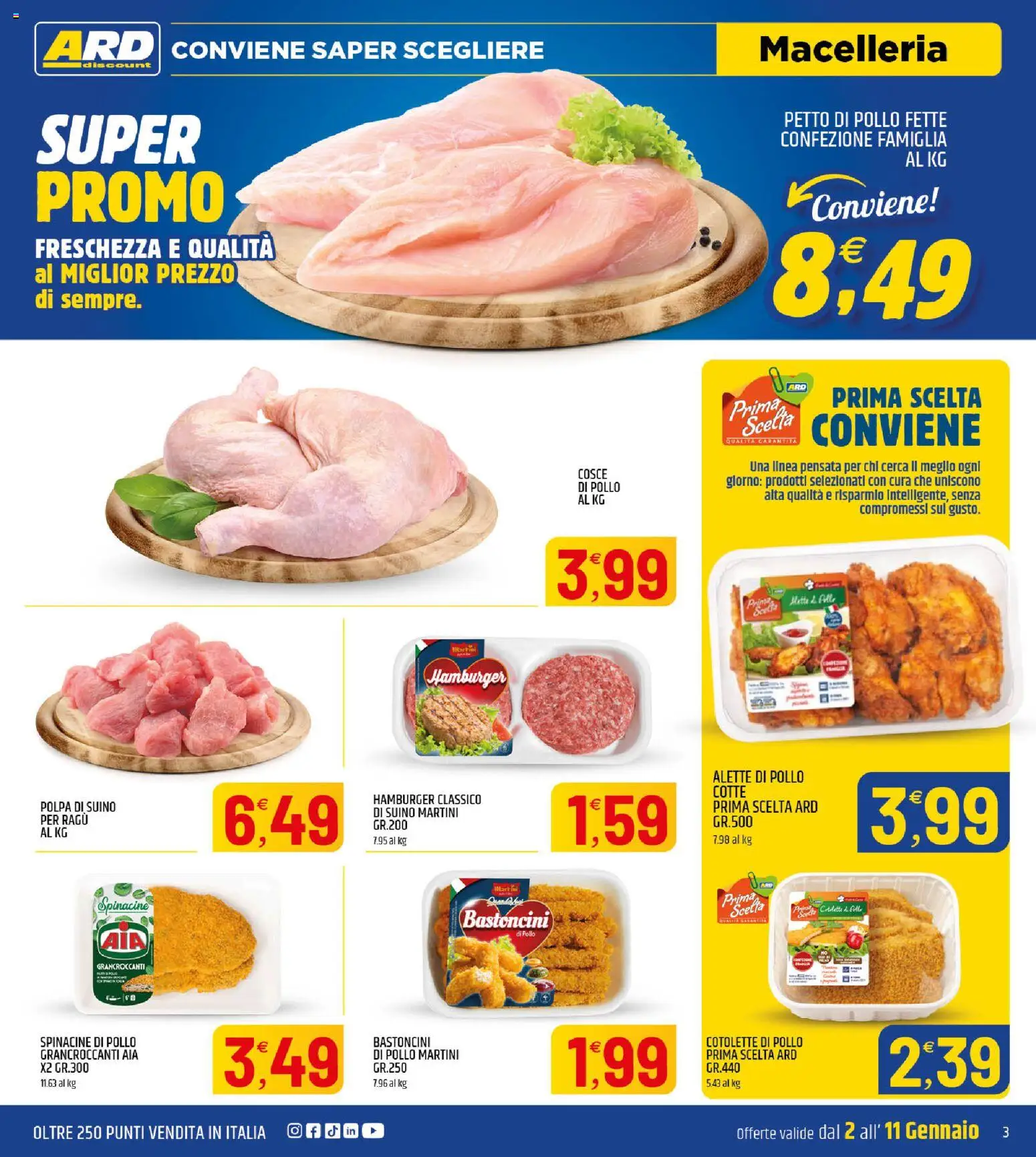 Volantino ARD Discount del 02.01.2026 | Pagina: 3 | Prodotti: Petto di Pollo, Pollo, Ragú, Hamburger