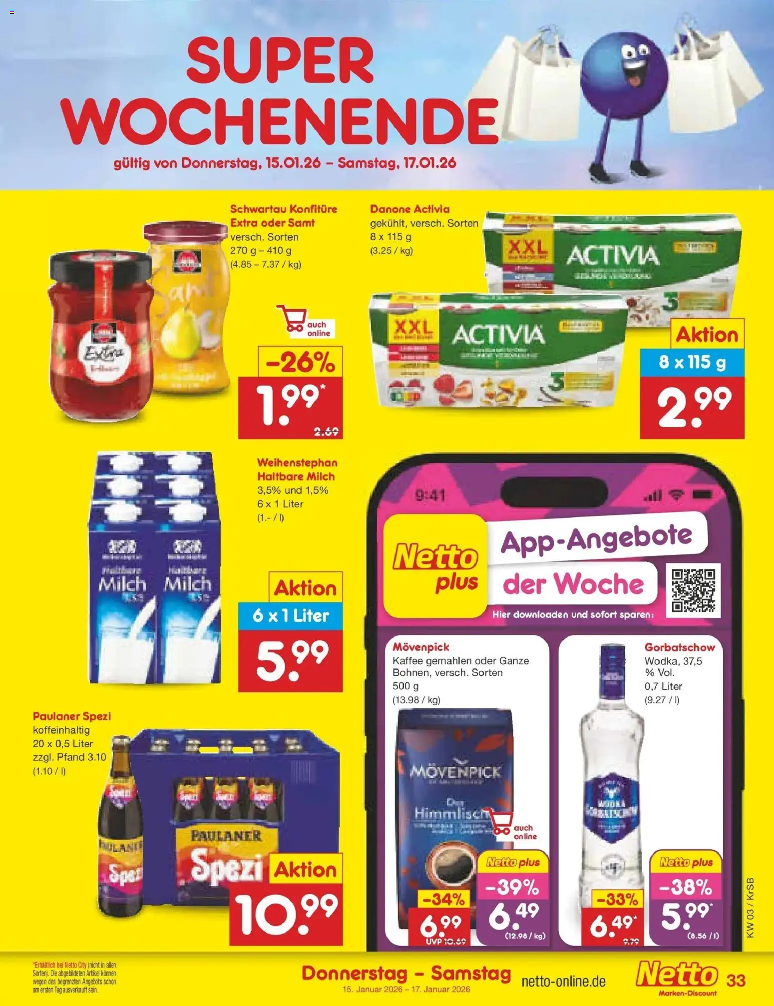 Netto Marken-Discount prospekt Jüchen	 – gültig ab 12.01.2026 | Seite: 43 | Produkte: Activia, Danone activia, Paulaner spezi, Haltbare milch