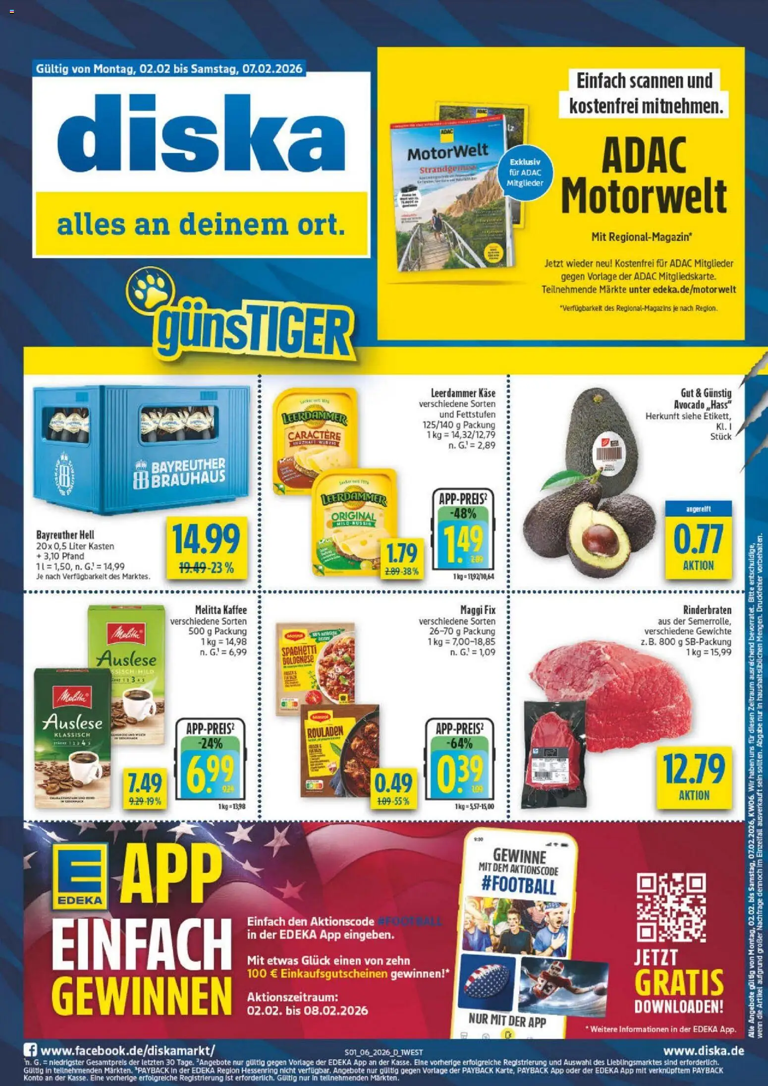 Diska - Diska Angebote Bayern KW06 – gültig ab 02.02.2026 | Seite: 1 | Produkte: Rinderbraten, Melitta, Käse, Leerdammer