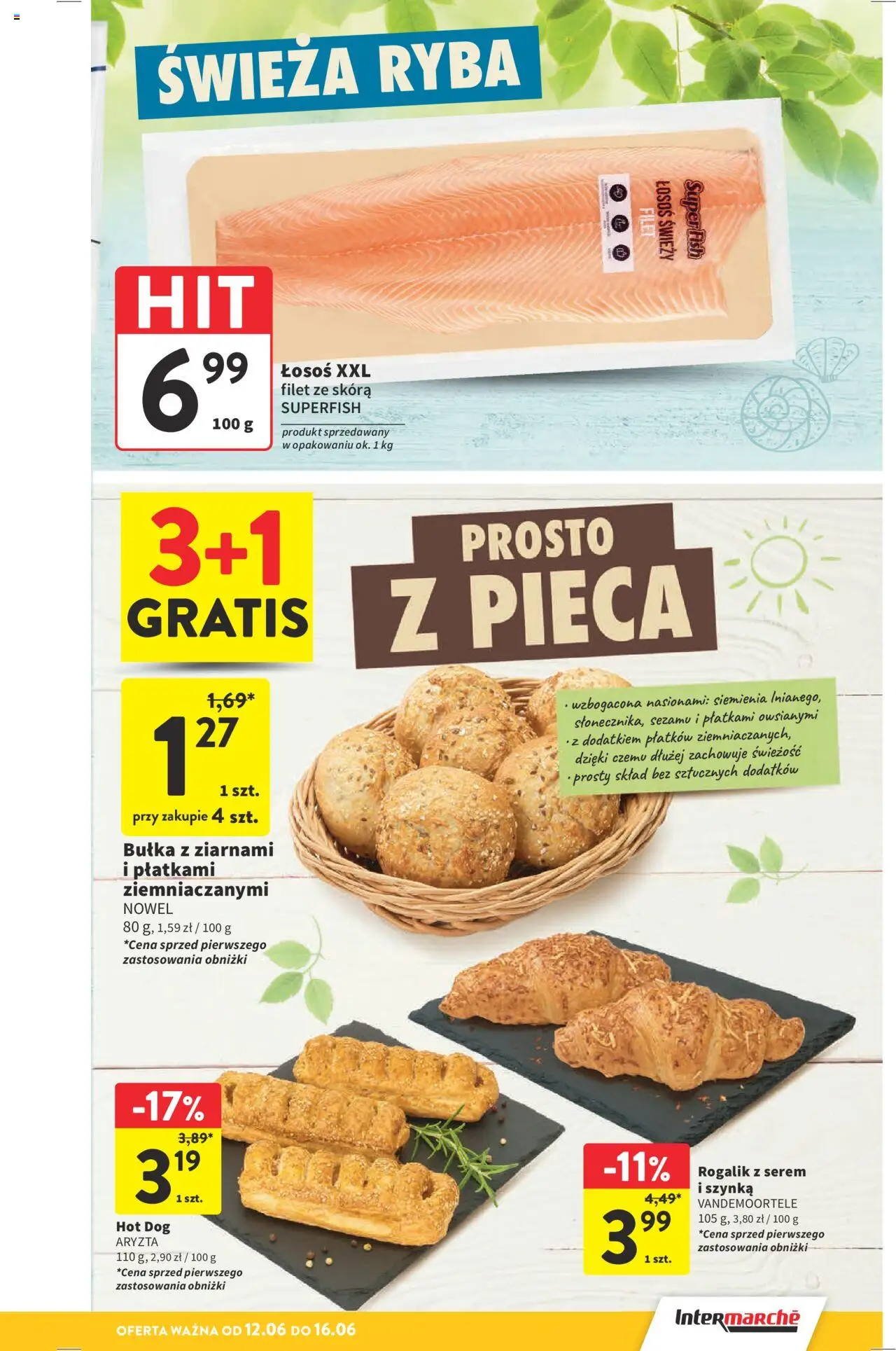 Intermarche Gazetka od 12.06.2025 | Strona: 19 | Produkty: Szynka, Łosoś, Bułka, Ryba