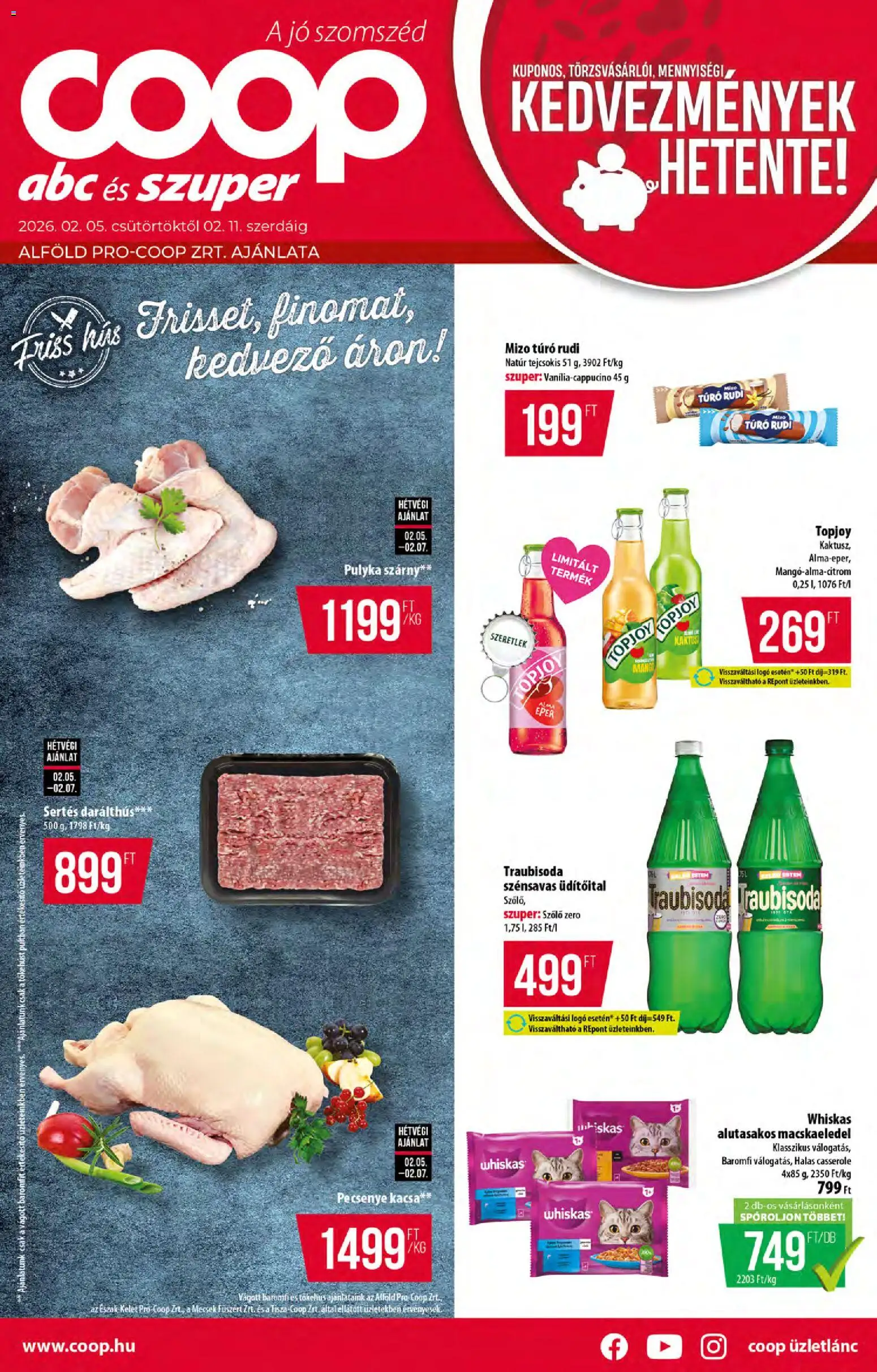 COOP akciós ujság - amely érvényes a következő dátumtól: 05.02.2026 | Oldal: 1 | Termékek: Macskaeledel, Túró rudi, Whiskas, Kacsa