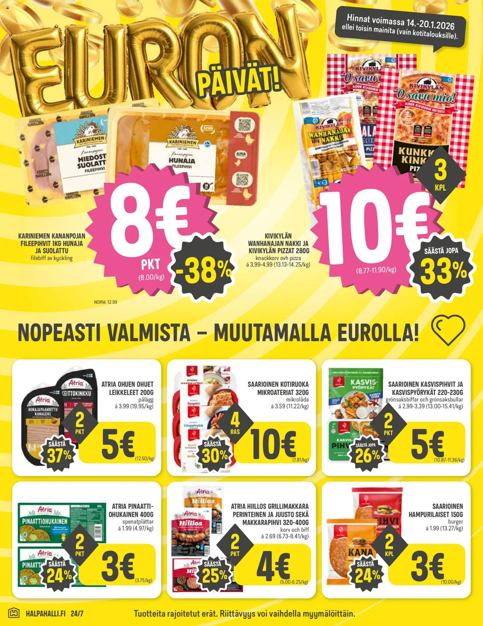 Halpa Halli tarjoukset – voimassa 14.01.2026 alkaen | Sivu: 2 | Tuotteet: Kana, Juusto, Pizza, Grillimakkara