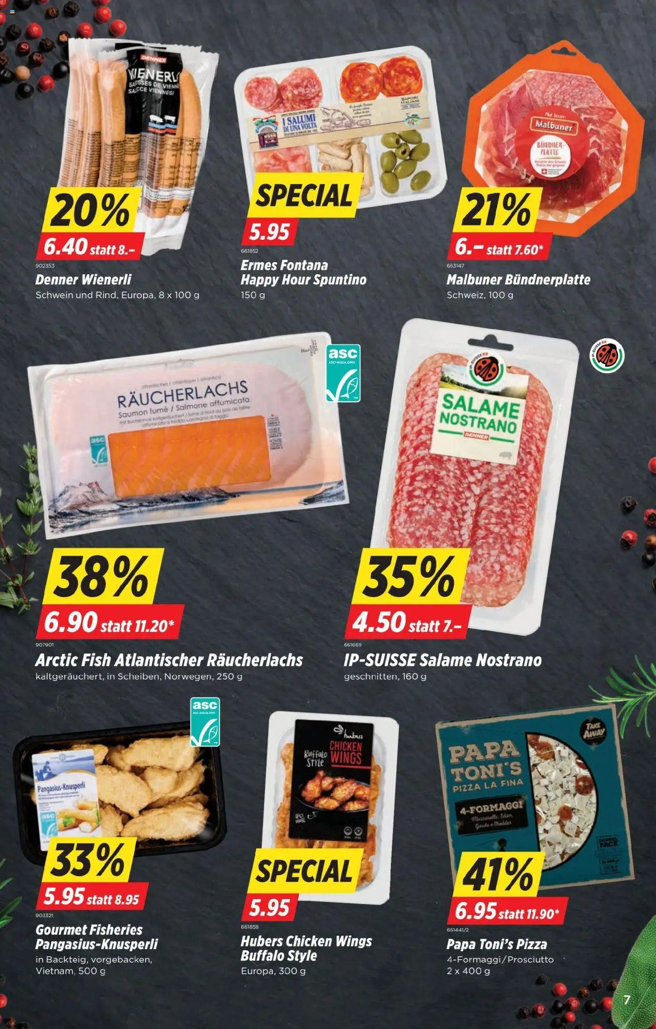 Denner Aktionen ab 19.08.2025 | Seite: 7 | Produkte: Gouda, Räucherlachs, Salami, Pizza