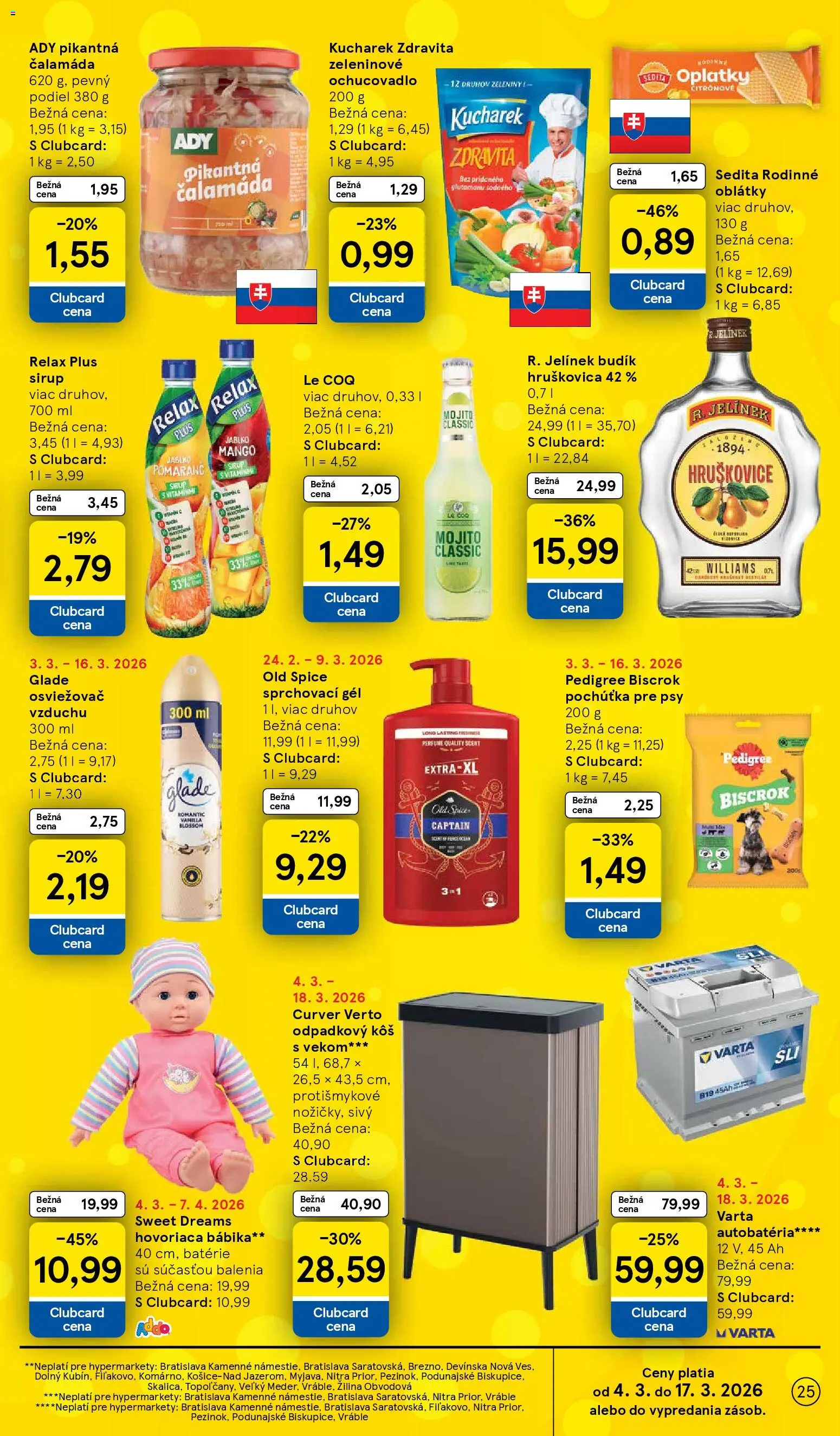 Nové Tesco akcie – leták je platný od 04.03.2026 | Strana: 25 | Produkty: Osviežovač vzduchu, Autobatéria, Kôš, Mango