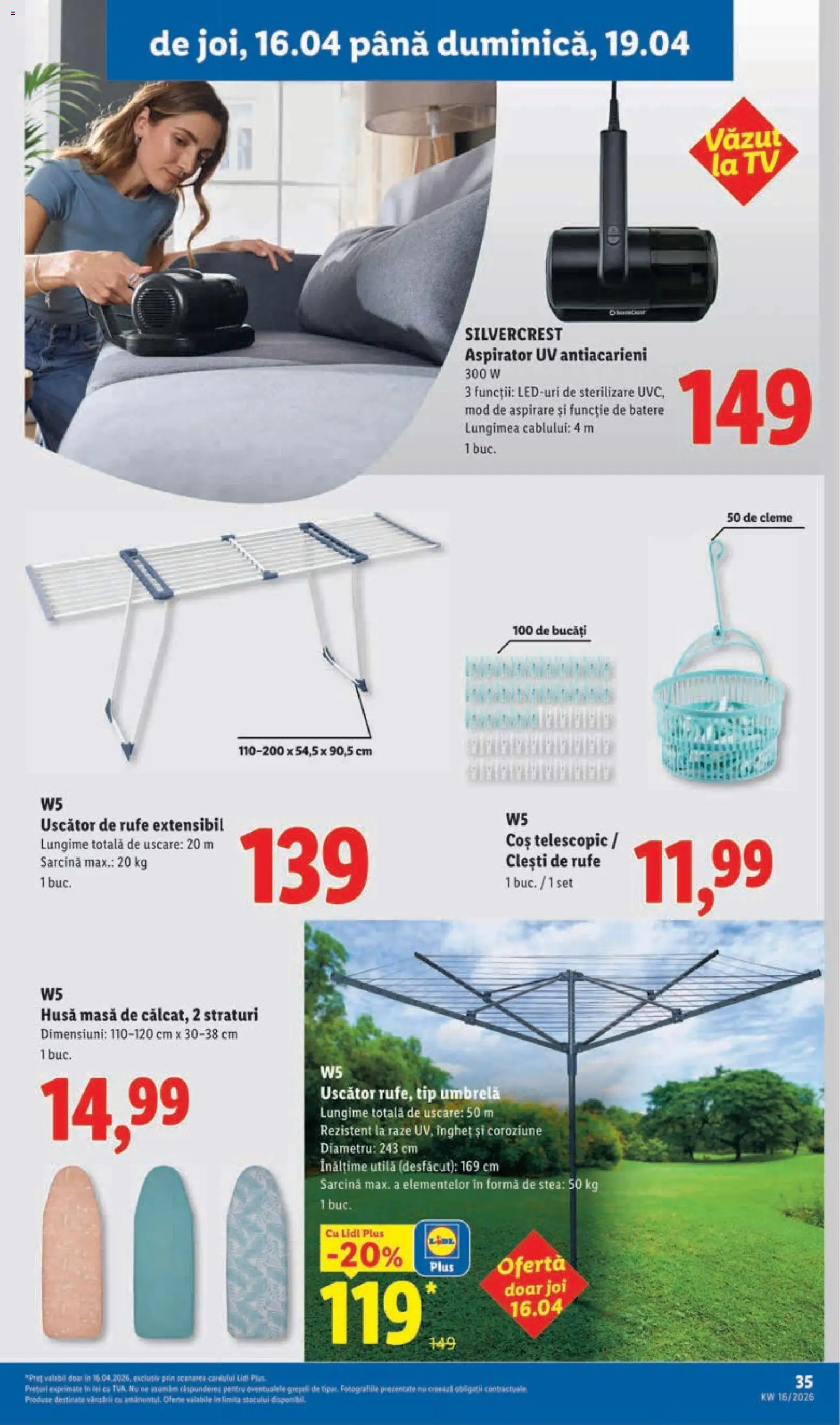Noul catalog Lidl – valabil de la 14.04.2026 | Pagină: 35 | Produse: Umbrelă, Uscător, Aspirator, Coș