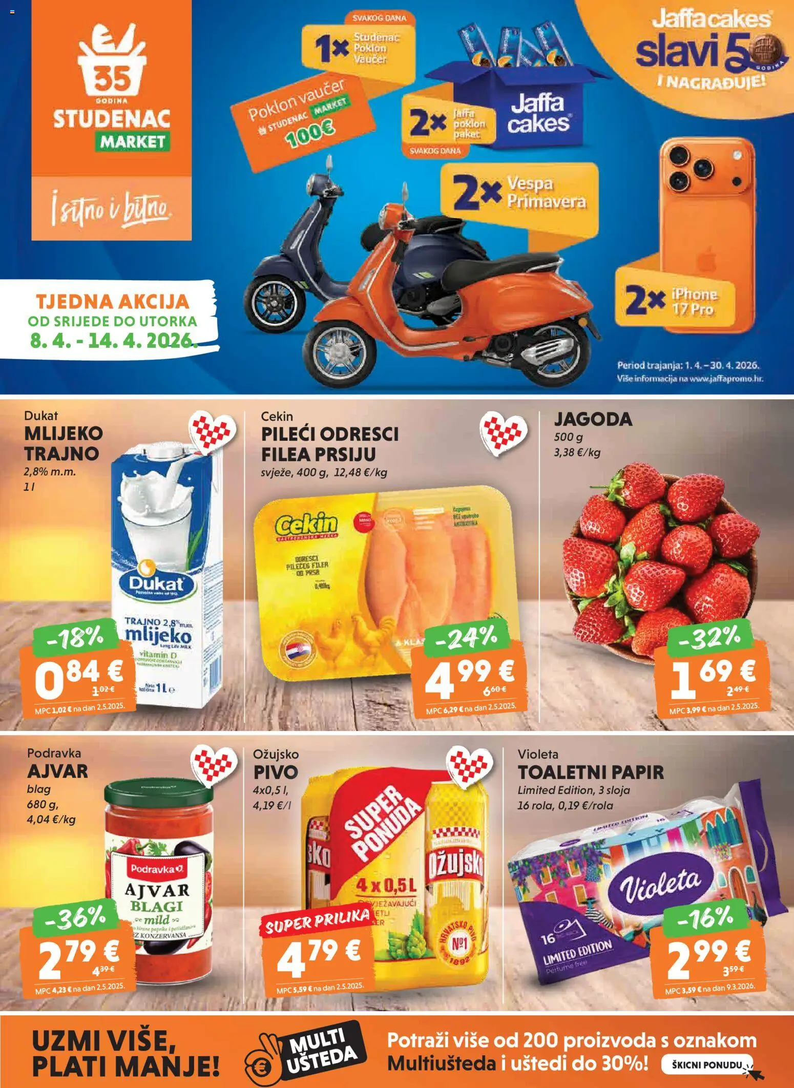 Studenac katalog | vrijedi od 08.04.2026 | Stranica: 1 | Proizvodi: Mlijeko, Podravka, Pivo, Ožujsko