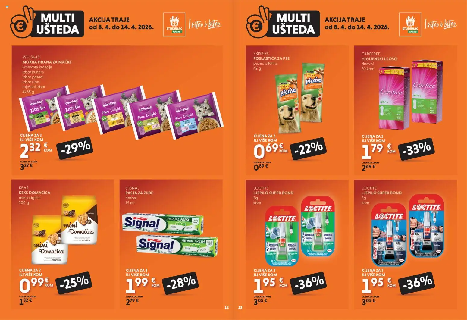 Studenac katalog | vrijedi od 08.04.2026 | Stranica: 7 | Proizvodi: Higijenski ulošci, Keks, Hrana za mačke, Pasta