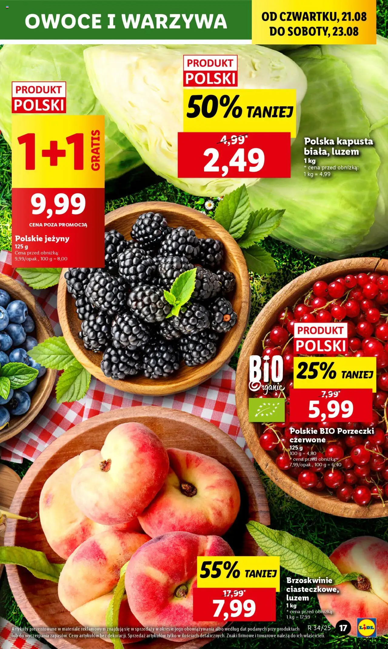 Lidl Gazetka od 21.08.2025 | Strona: 21 | Produkty: Kapusta, Jeżyny, Brzoskwinie, Owoce