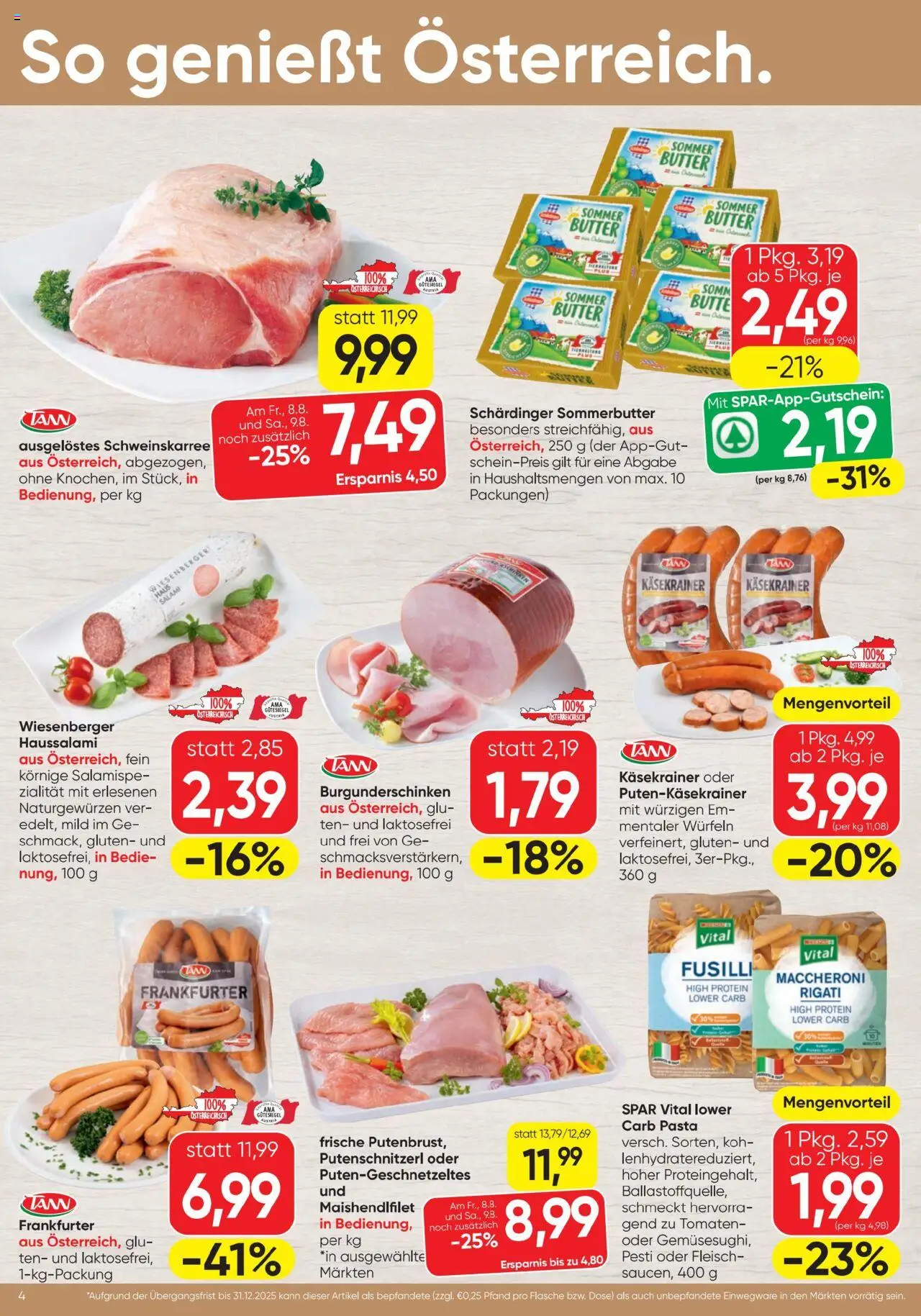 Spar Flugblatt gültig ab 07.08.2025 | Seite: 4 | Produkte: Pasta, Butter, Salami, Tomaten