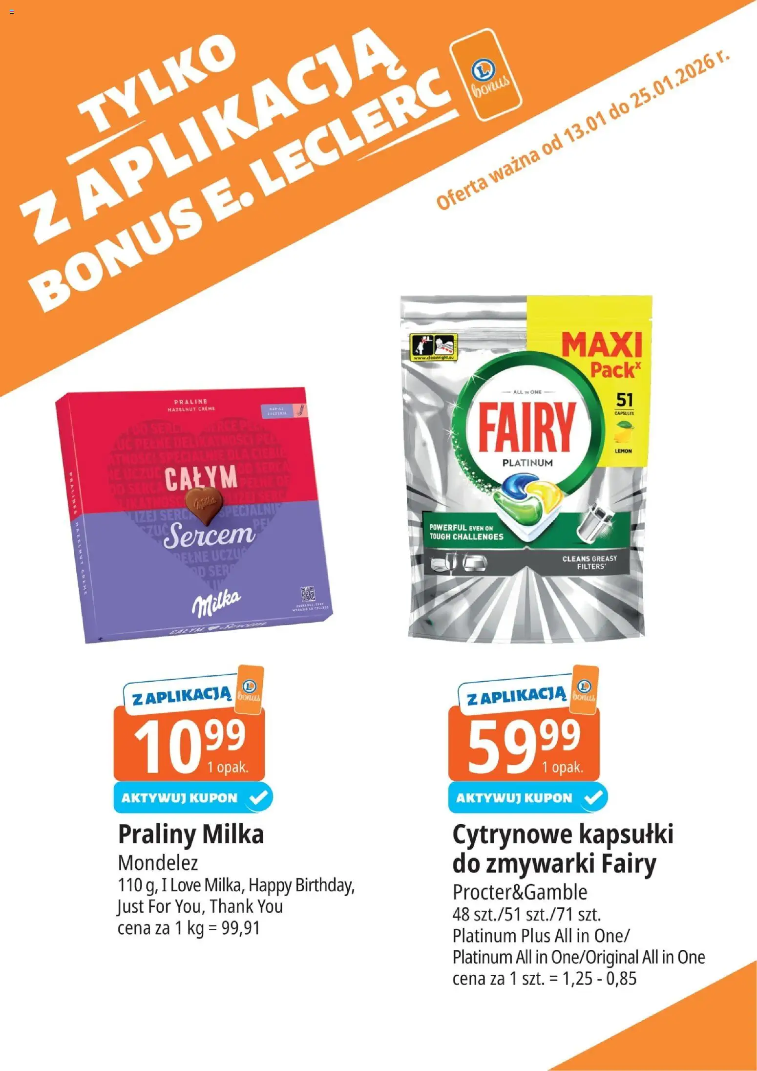 E.Leclerc Gazetka - Tychy kupony dodatkowe od 13.01.2026 | Strona: 15 | Produkty: Praliny, Milka, Ser, Fairy