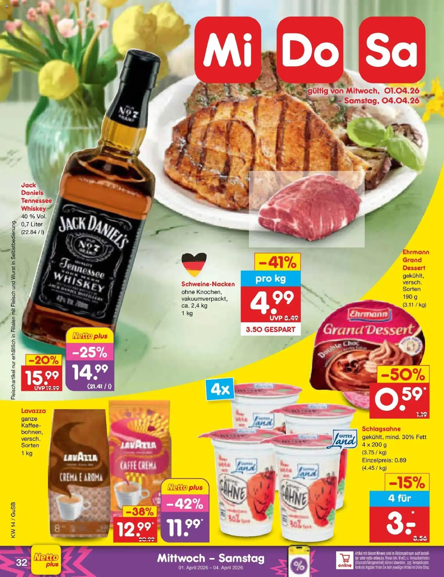 Netto Marken-Discount Prospekt Machern	 – gültig ab 29.03.2026 | Seite: 46 | Produkte: Lavazza, Jack Daniel's, Sahne, Fleisch