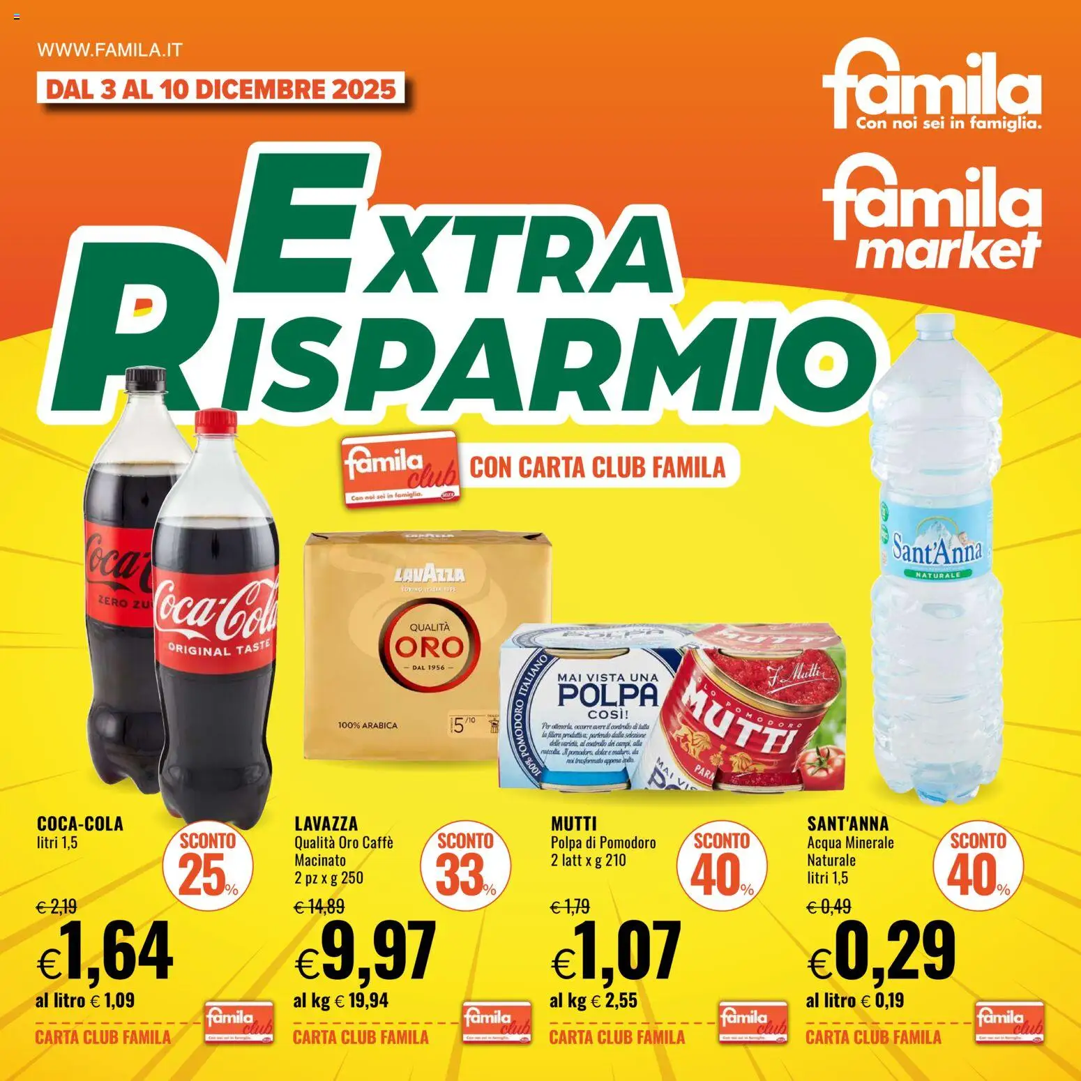 Volantino Famila del 03.12.2025 | Pagina: 1 | Prodotti: Caffè, Acqua, Pomodoro, Lavazza