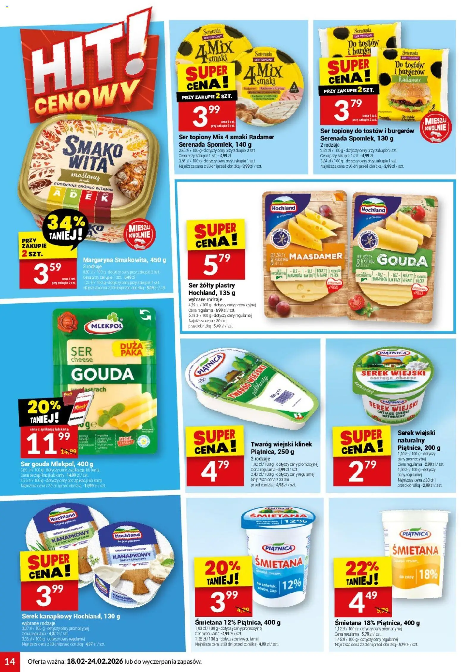 Twój Market Gazetka od 18.02.2026 | Strona: 14 | Produkty: Ser topiony, Serek, Mleka, Ser gouda