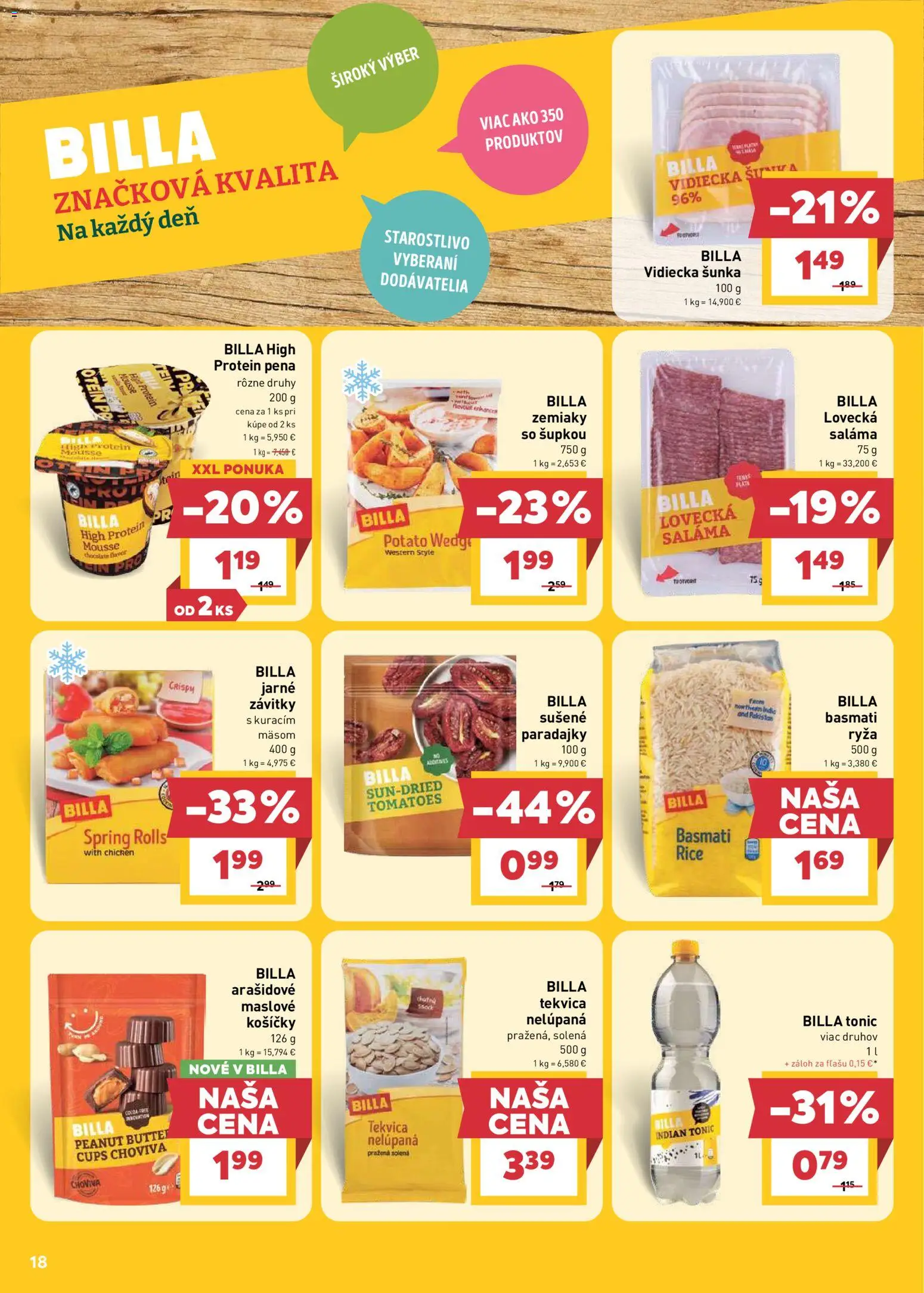 Nové Billa akcie – leták je platný od 22.04.2026 | Strana: 18 | Produkty: Saláma, Ryža, Protein, Zemiaky