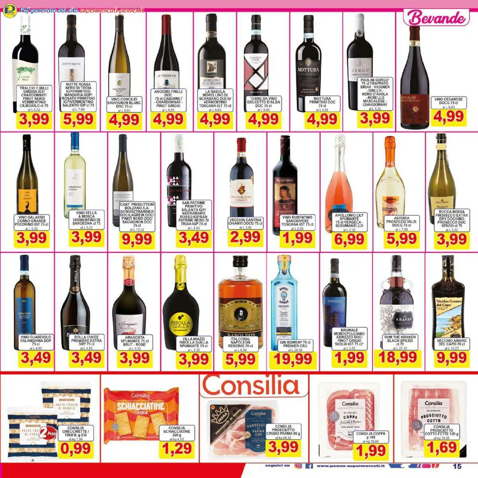 Volantino Pewex del 26.01.2026 | Pagina: 15 | Prodotti: Prosecco, Prosciutto, Pasta, Amaro