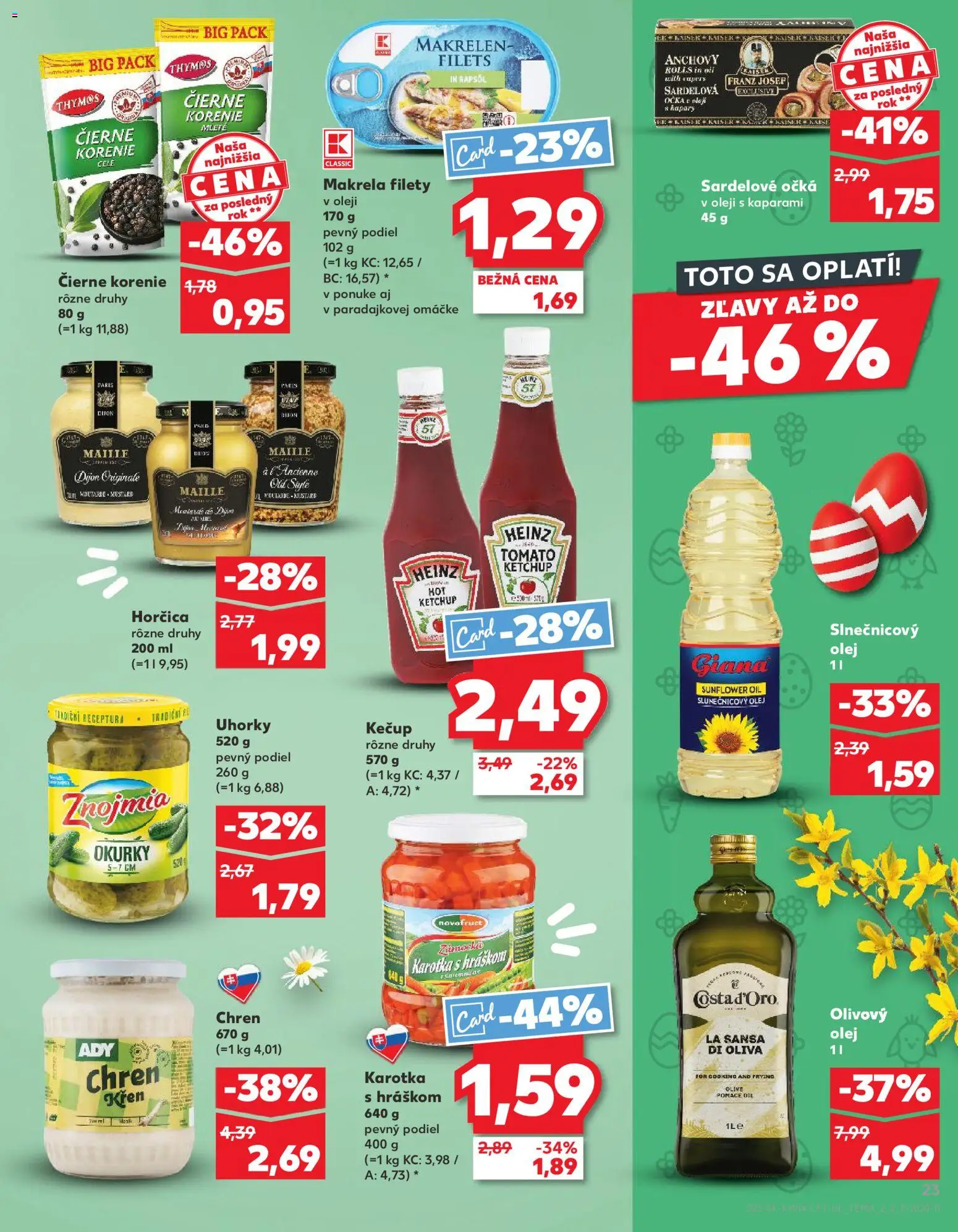 Nové Kaufland akcie – leták je platný od 01.04.2026 | Strana: 23 | Produkty: Olej, Kečup, Korenie, Uhorky