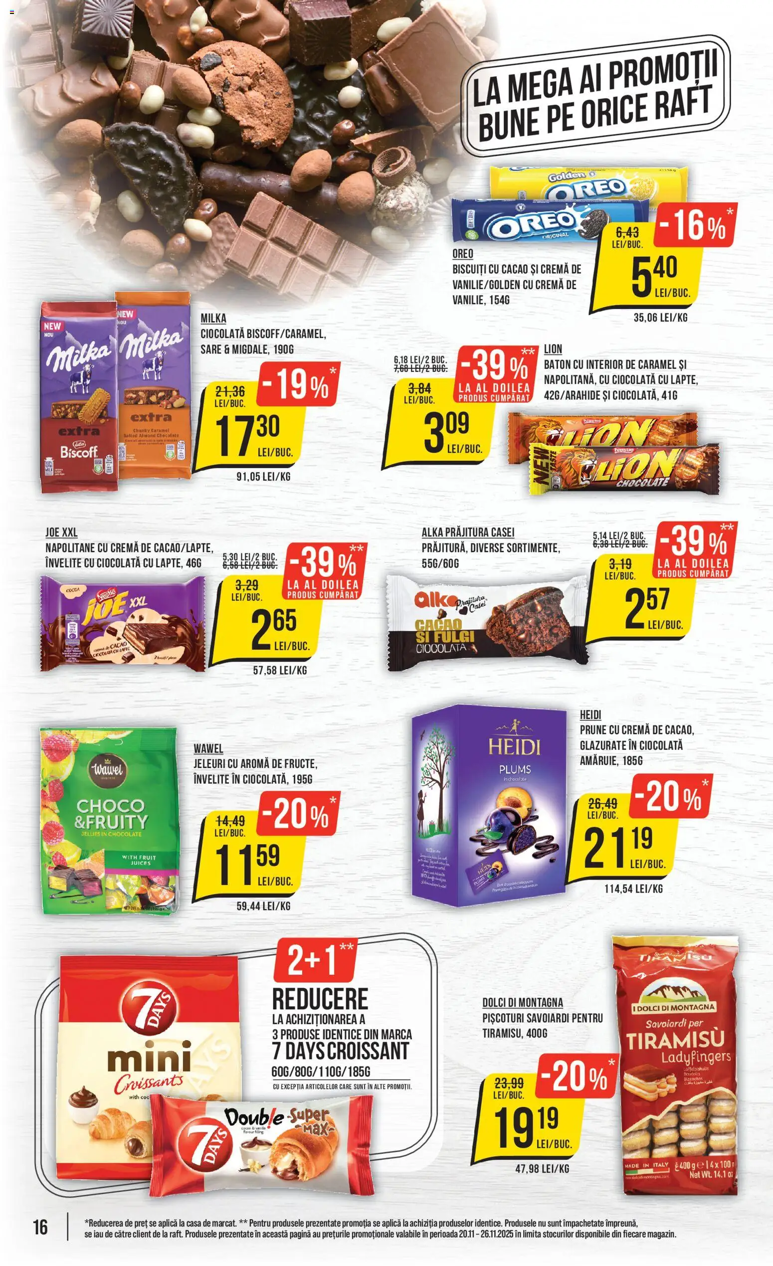 Noul catalog Mega Image – valabil de la 20.11.2025 | Pagină: 16 | Produse: Tiramisu, Prune, Fulgi, Sare