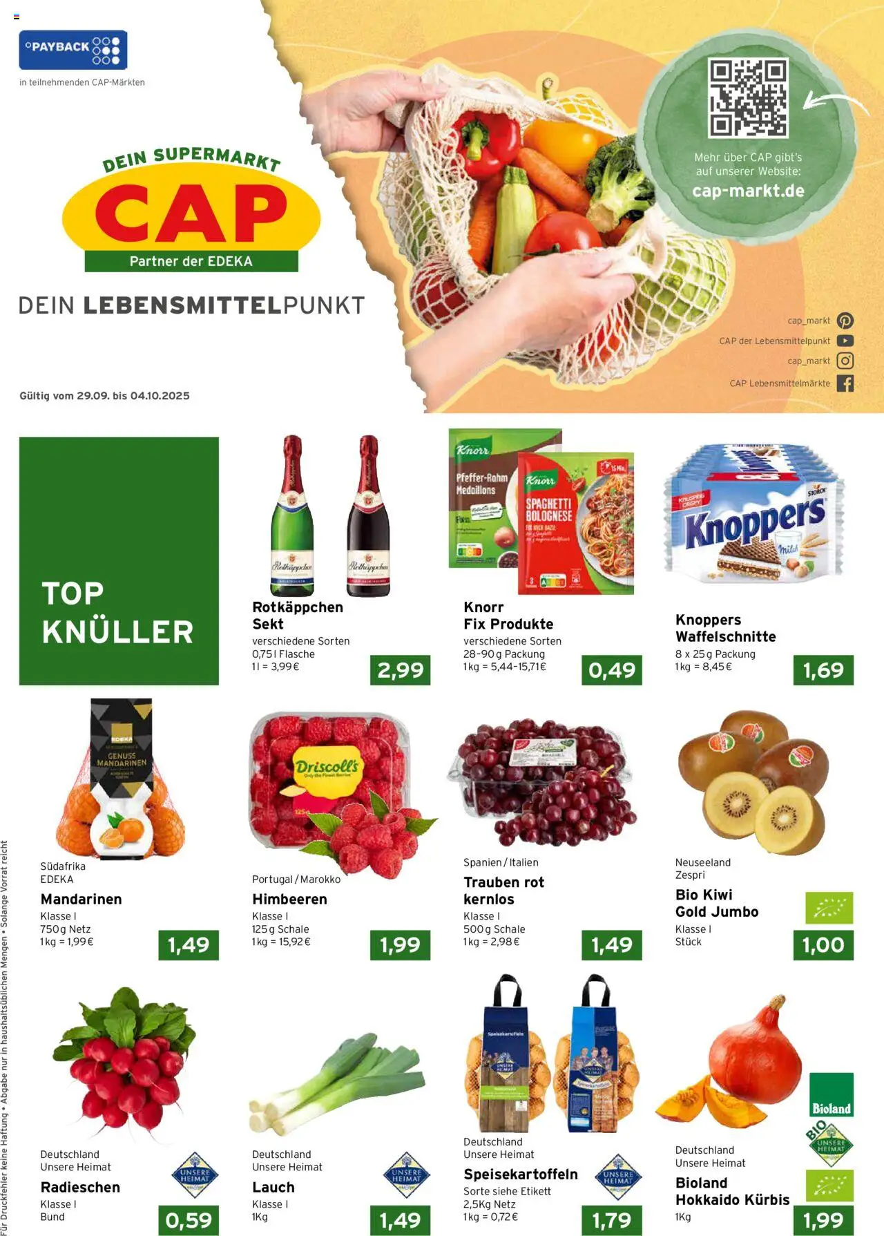 CAP Markt Prospekt – gültig ab 29.09.2025 | Seite: 1 | Produkte: Mandarinen, Kürbis, Knoppers, Rotkäppchen