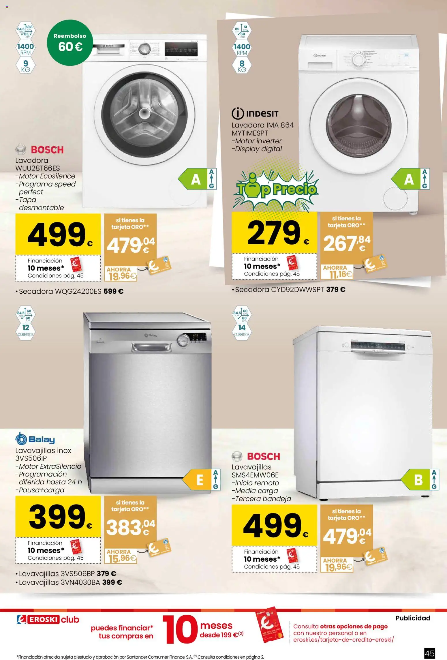 Eroski - Qué planazo │ válido desde el 26.03.2026 | Página: 45 | Productos: Lavadora, Secadora, Lavavajillas, Bandeja