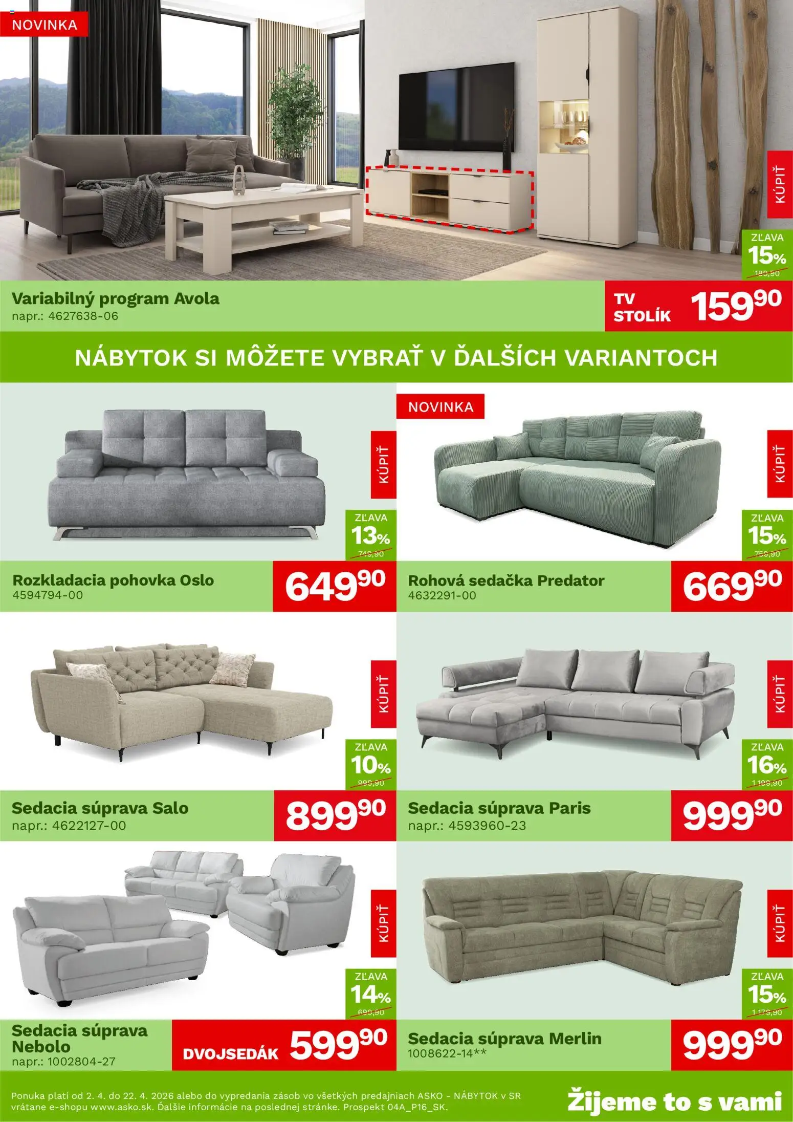 Nové ASKO nábytok akcie – leták je platný od 02.04.2026 | Strana: 2 | Produkty: Nábytok, Sedacia súprava, Rohová sedačka, Sedačka