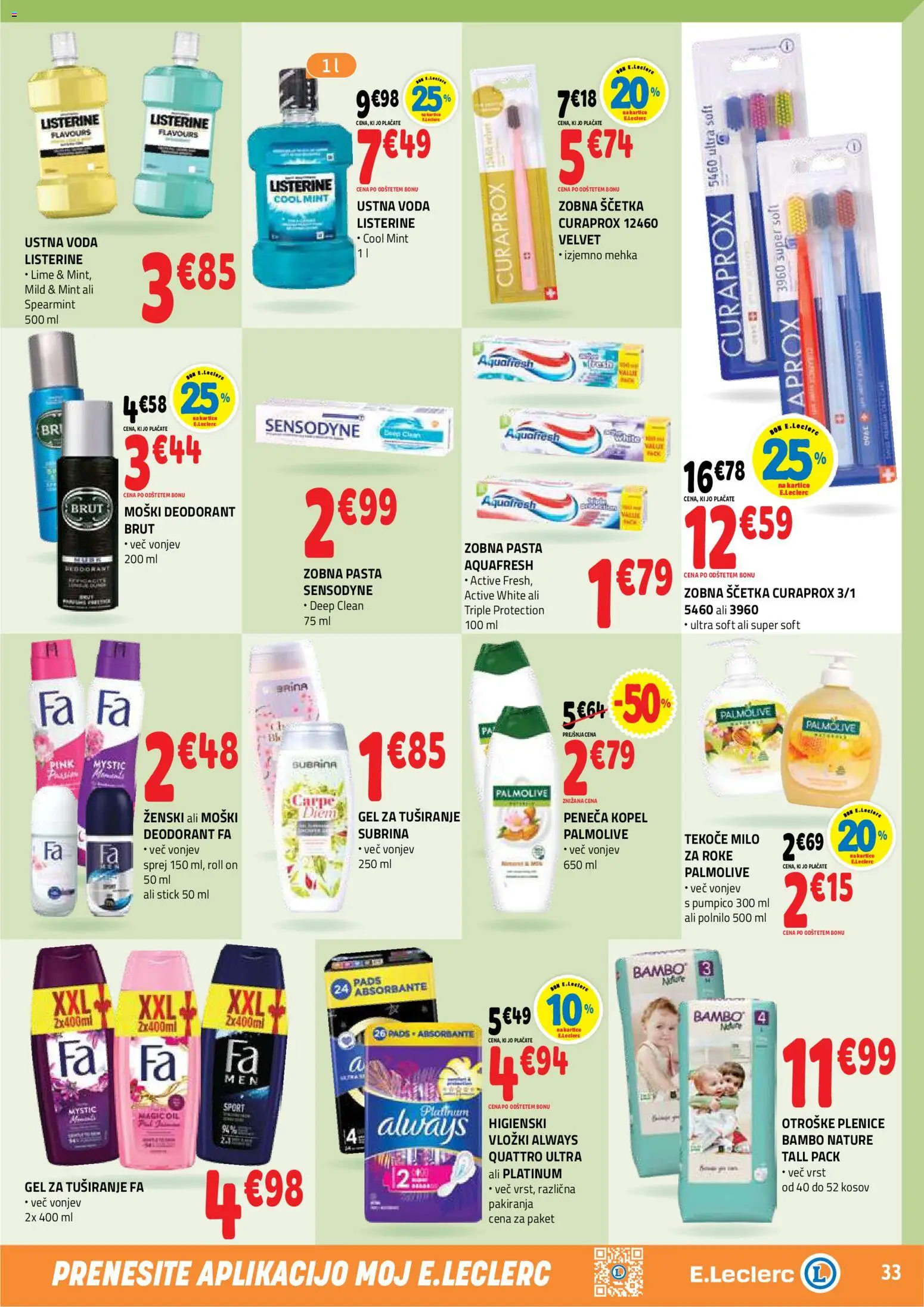 Novi E.leclerc katalog ponudbe – veljaven od 08.04.2026 | Stran: 33 | Izdelki: Peneča kopel, Deodorant, Zobna pasta, Voda