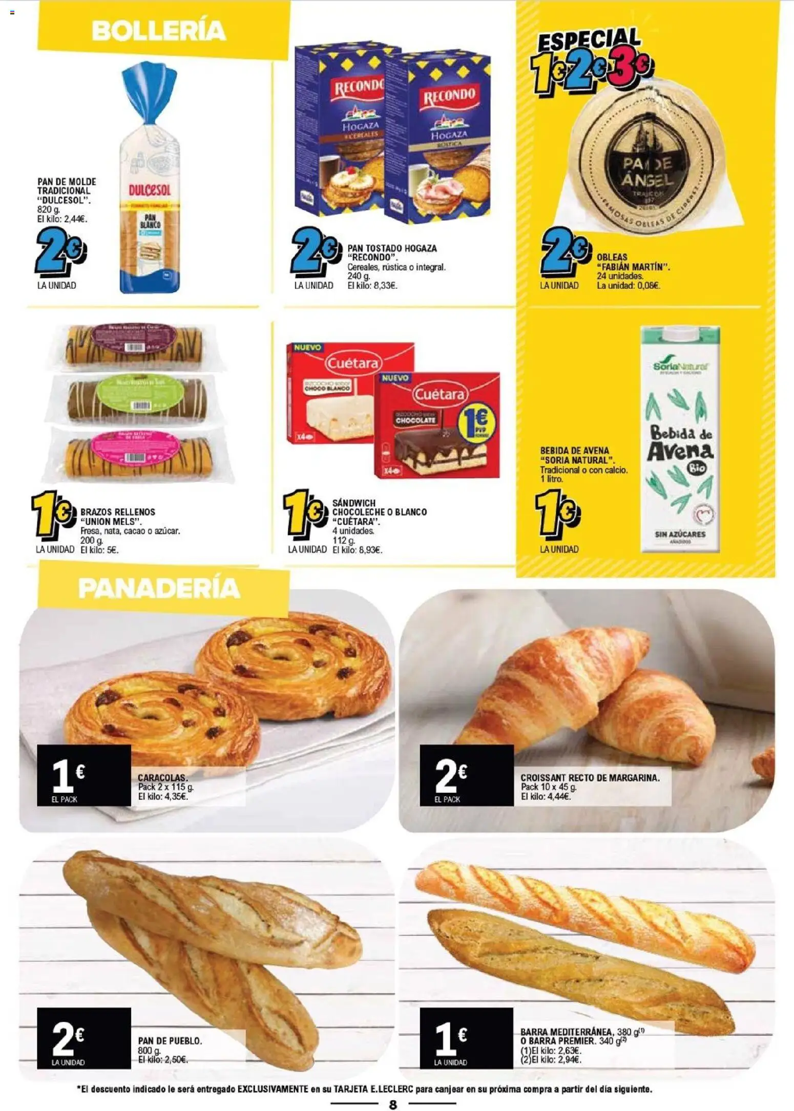 E.Leclerc folleto │ válido desde el 28.01.2026 | Página: 8 | Productos: Pan, Pan de molde, Bebida de avena, Φρυγανιές σικάλεως