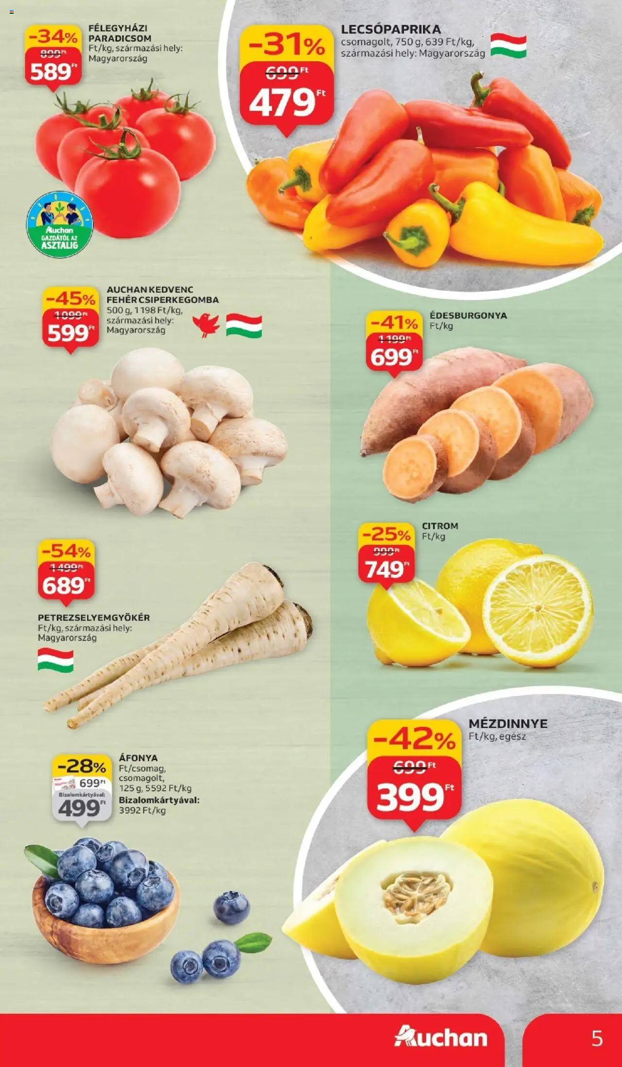 Auchan akciós ujság - amely érvényes a következő dátumtól: 11.09.2025 | Oldal: 5 | Termékek: Csiperkegomba, Áfonya, Lecsópaprika, Paradicsom