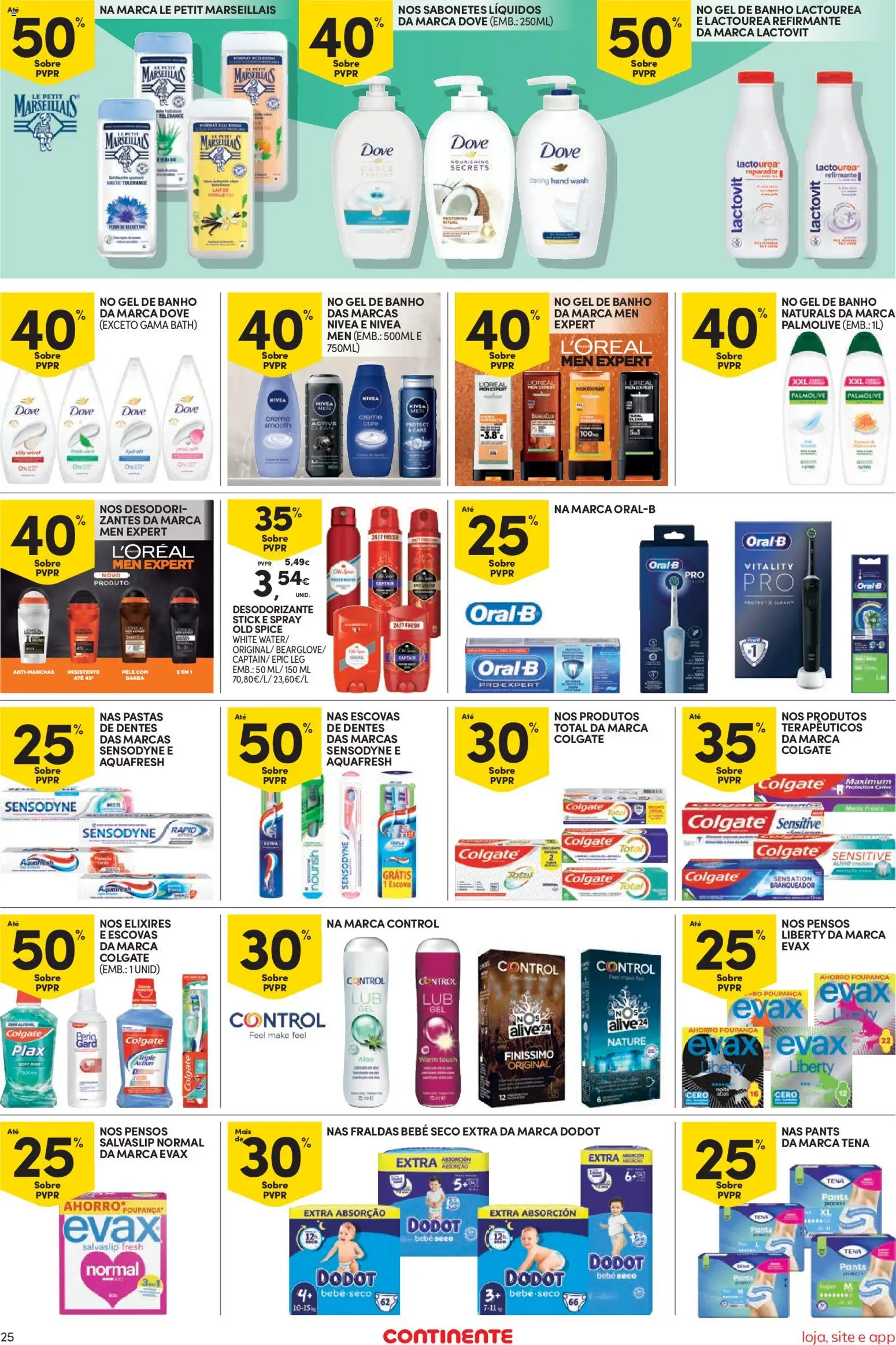 Continente Semanal Continente Bom Dia │ válido de 28.10.2025 | Página: 25 | Produtos: Fraldas, Gel de banho, Desodorizante, Creme